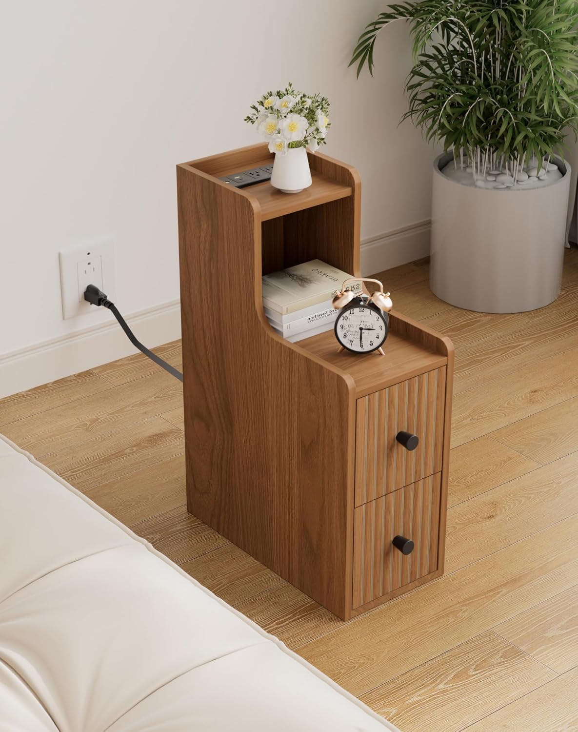 Narrow Side Table with Charging Station, Small Bedside Tables, Mid Century Modern Night Stand with Storage, Wooden Slim End Table for Small Spaces, Bedroom, Living Room