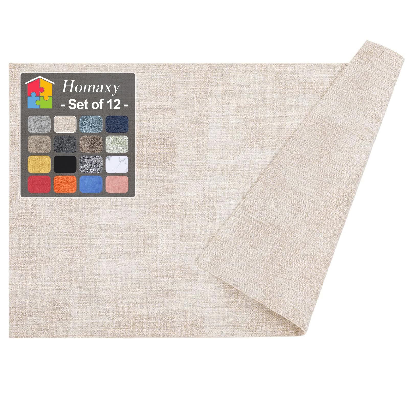 Homaxy - Juego de 12 manteles individuales de piel sintética resistentes al calor para mesa de comedor, impermeables, lavables, fáciles de limpiar, antideslizantes, 43 x 30 cm, color beige