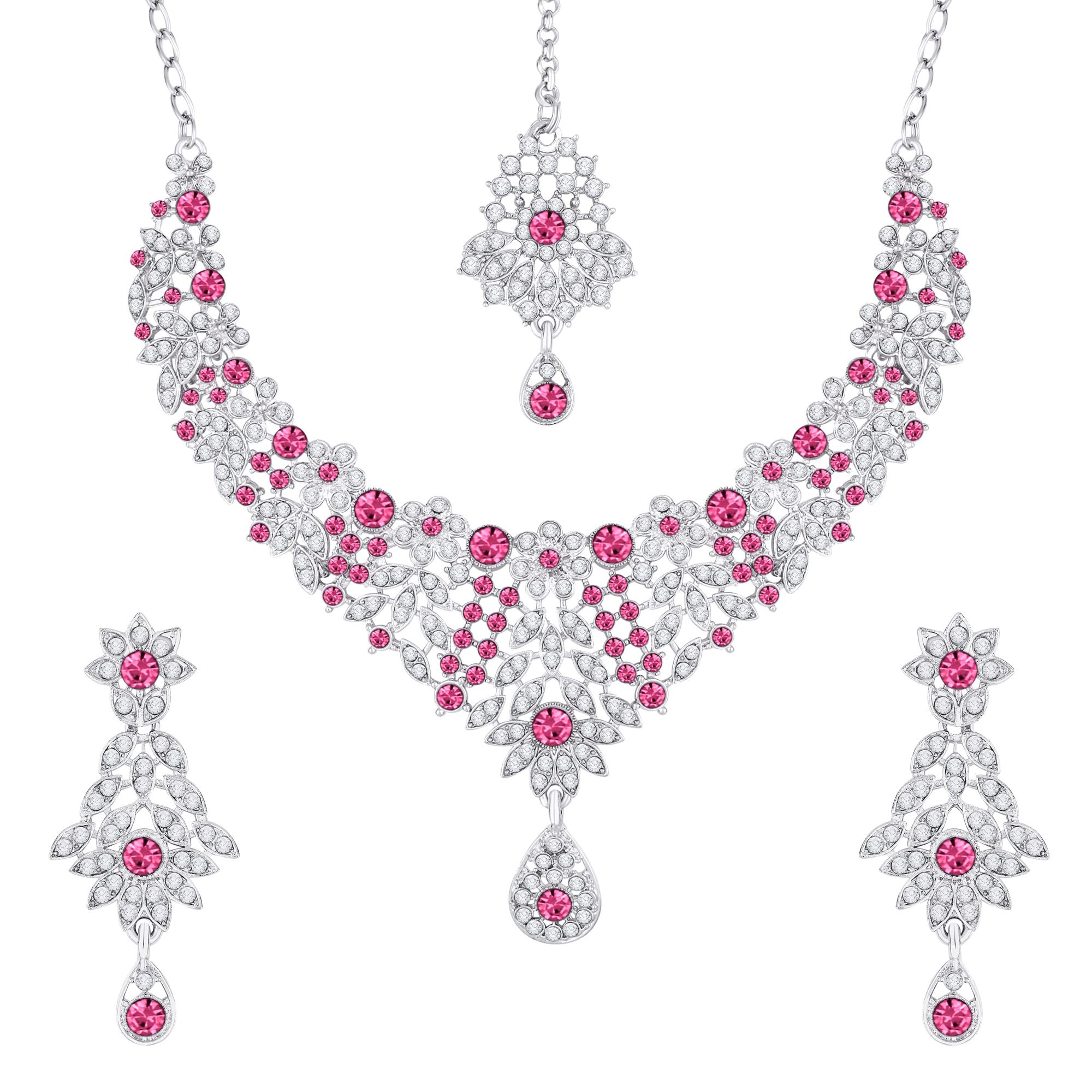 Atasi International Fashion Silver Pink Plated Alloy Choker Necklace Set with Earrings and Maang Tikka For Women (RP5391) (B09TGQQGKN) Amazon Price History, Amazon Price Tracker