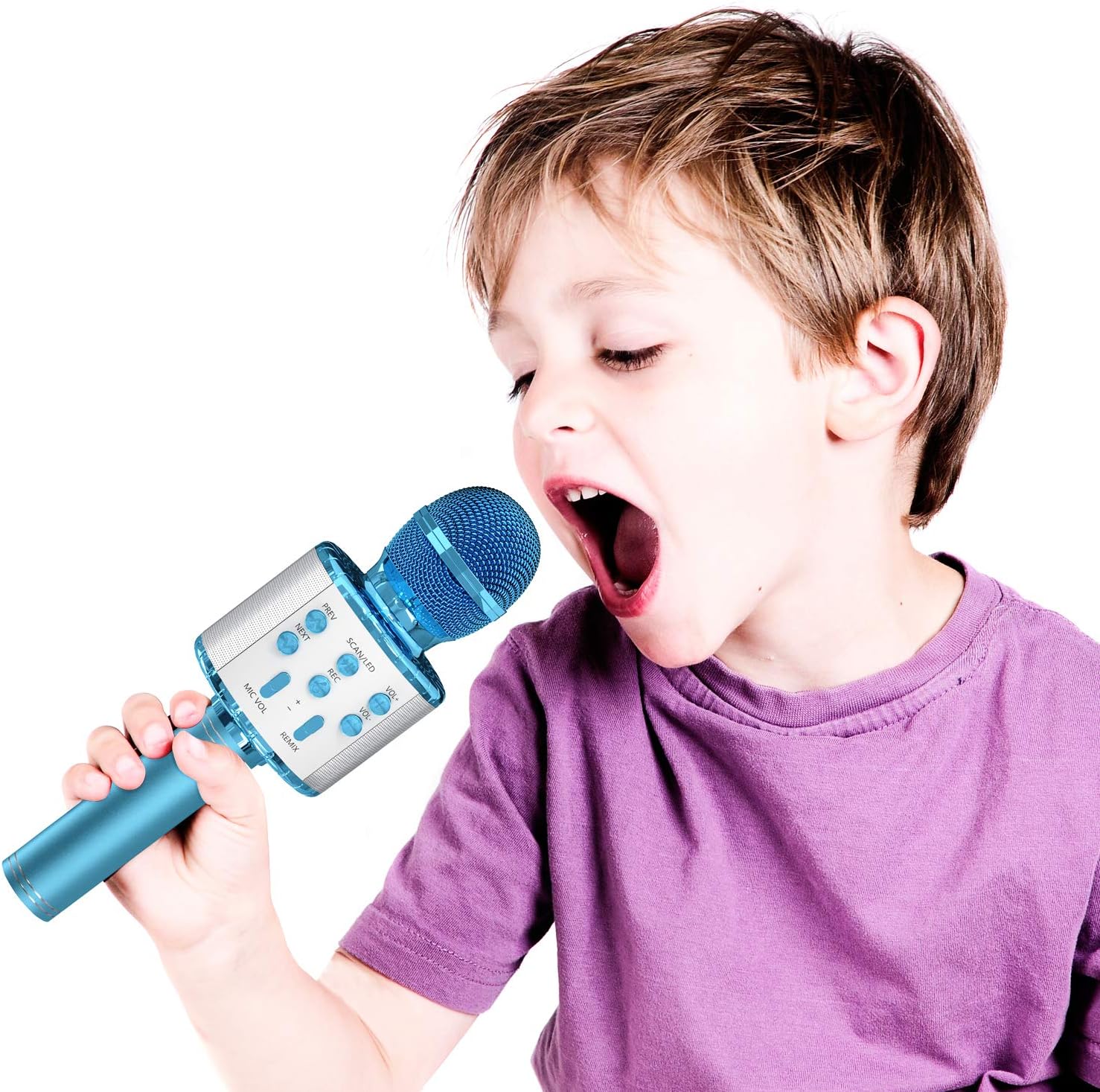 OVELLIC Karaoke Microphone for Kids, Wireless Bluetooth Karaoke Microphone with LED Lights, Portable Handheld Mic Speaker Machine, Great Gifts Toys for Girls Boys Adults All Age (Blue)