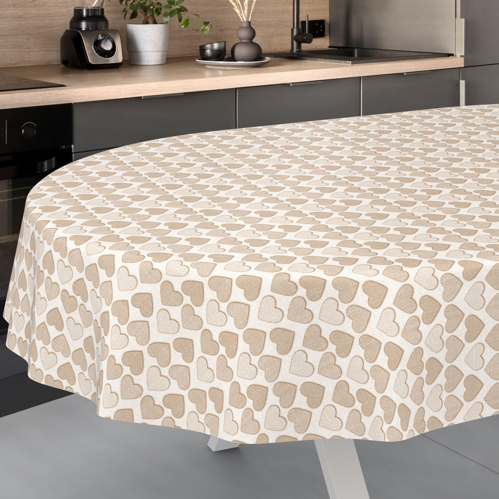 ANRO Mantel de Hule fácil de Lavar, para jardín, Exterior e Interior, Ovalado, 220 x 140 cm, Borde de Corte, diseño de Corazones, Beige