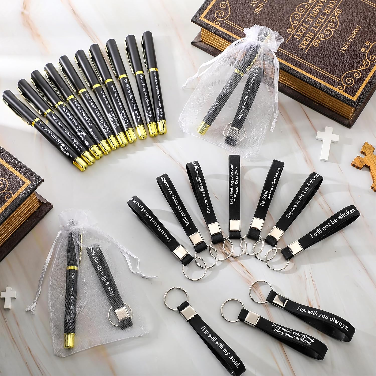Spakon 50 Sets Father's Day Gifts for Church Christian Pens Silicone Bible Verse Keychains Bulk for Men Inspirational Scripture Metal Pen Religious Gifts for Sunday School Teacher Men Party Supplies