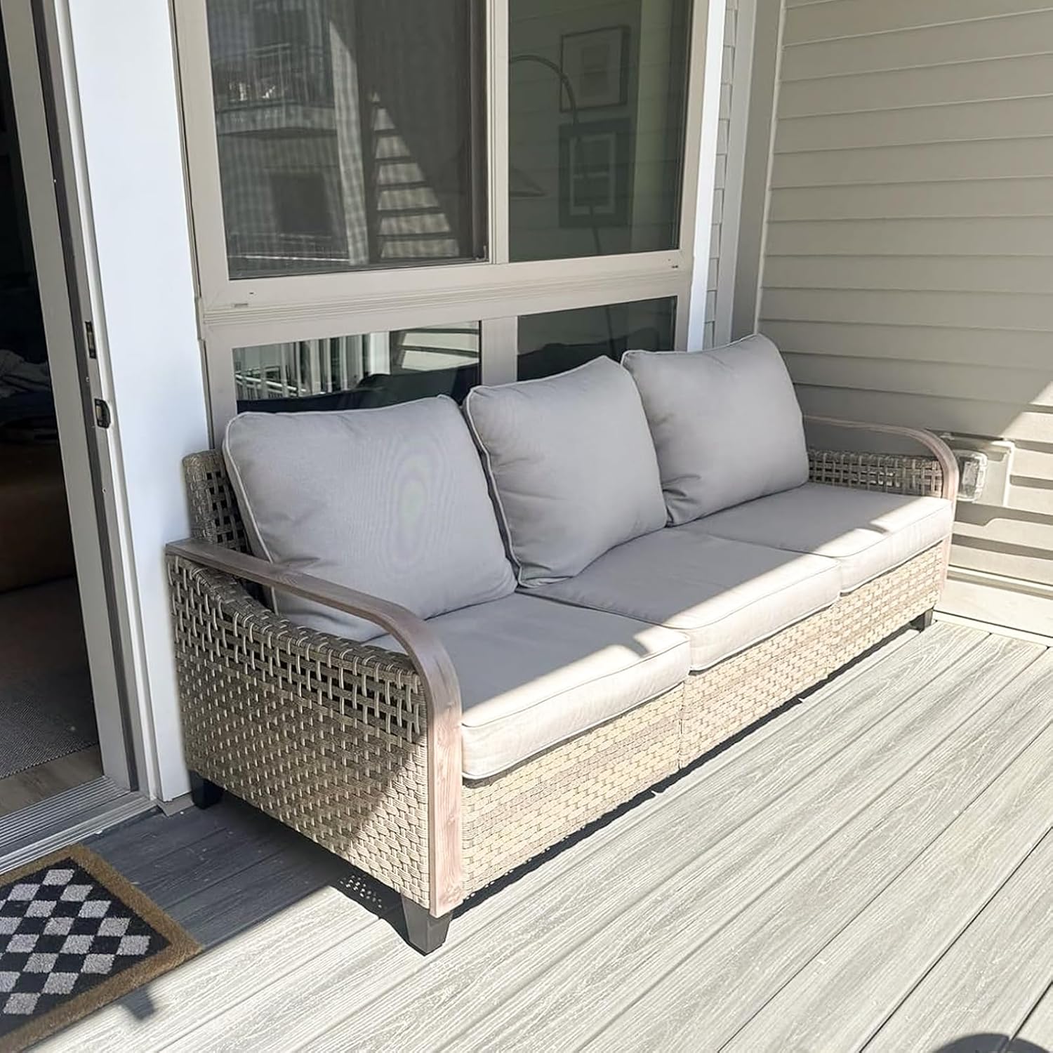 EAGLE PEAK Wicker Outdoor Patio Sofa Modern Rattan Patio Furniture Loveseat for Backyard Deck Porch Balcony, 3 Seat Couch, Brown/Gray