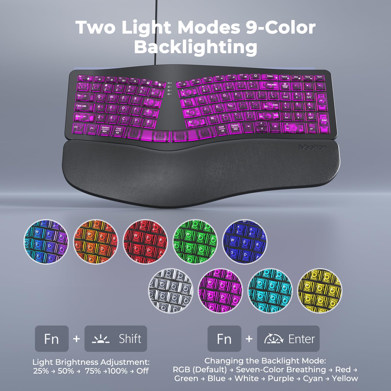 MEETION Tastiera ergonomica cablata, retroilluminazione trasparente a 7 colori, 4 luminosità, 1 retroilluminazione RGB respiratoria, cuscino poggiapolsi, adattatore USB-A/USB-C, tastiera Ergo per