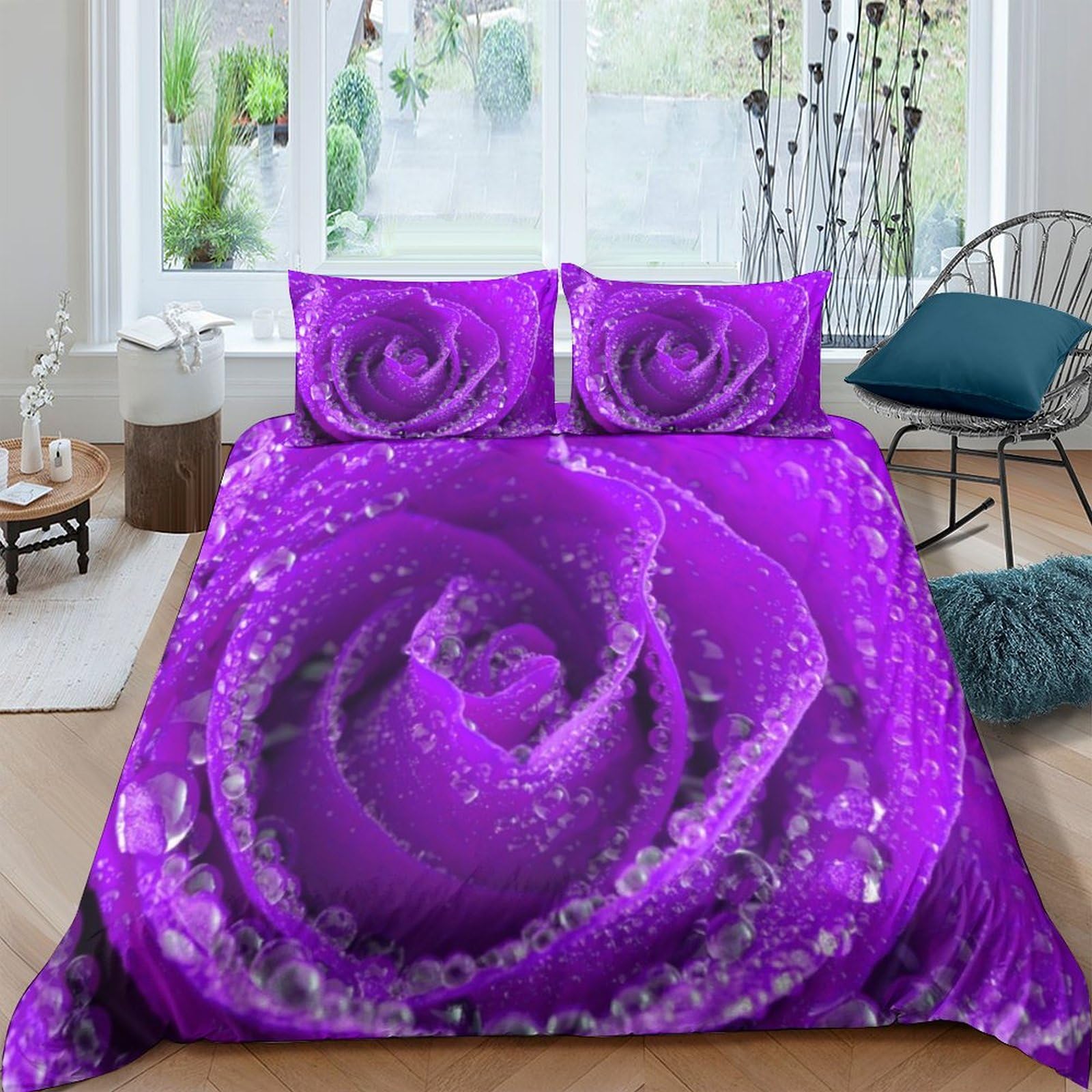 Housse de couette violette motif rose 3D pour chambre ado
