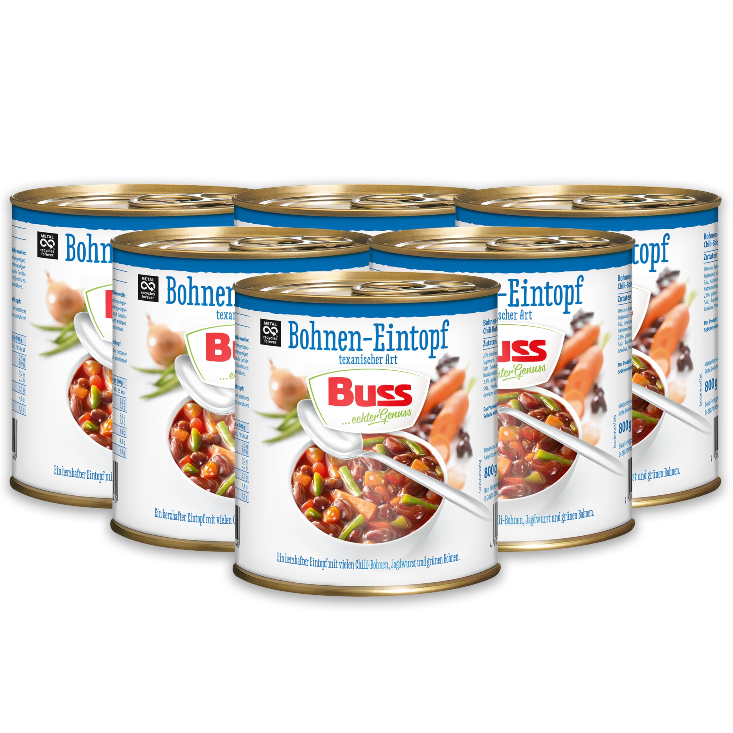 Buss klassischer Bohneneintopf texanischer Art - Pikanter Suppentopf mit Chili Bohnen, Jagdwurst und Karotten - Lang haltbare Fertiggerichte zum Aufwärmen in Mikrowelle & Topf - 6 x 800g