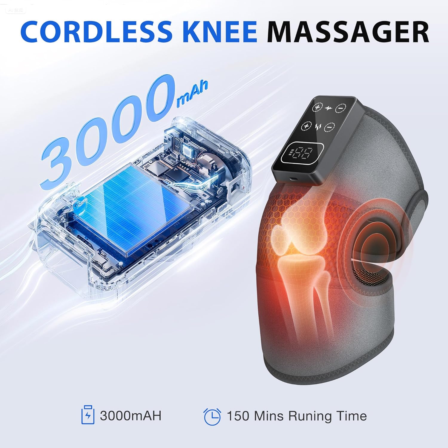 Cordless Knee Massager with Heat Vibration for Pain Relief, Electric Heated Knee Brace with 5 Heat Levels and 3 Massage Mode, Gifts for Men Women