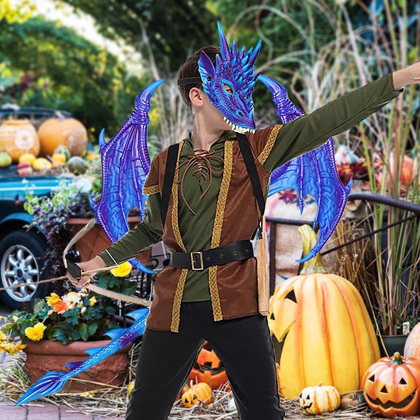 Generisch Kostium smoka dla dzieci | kostium na Halloween, skrzydła i ogon, kostium smoka, zestaw na karnawał, do teatru, szkoły, na maskaradę, imprezę