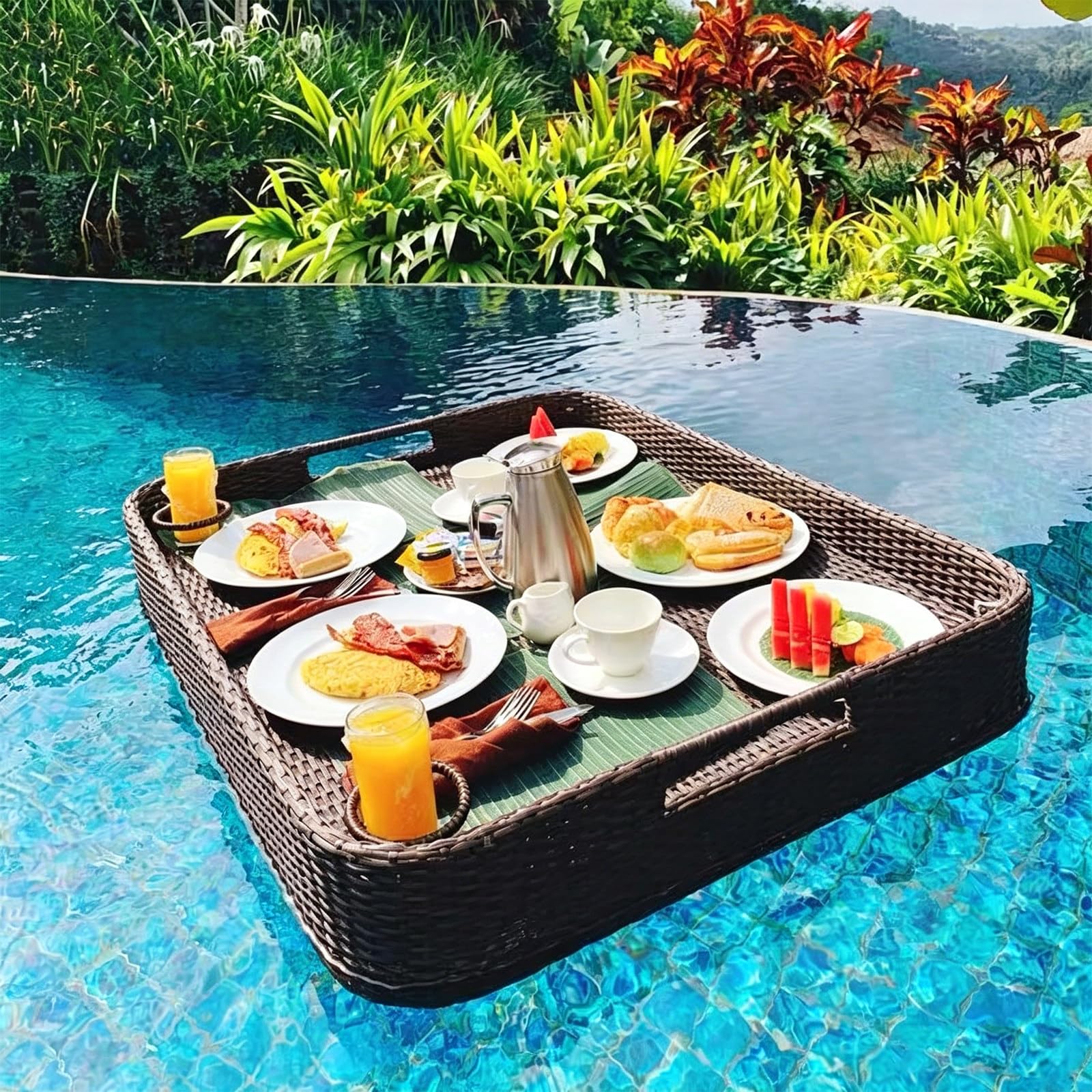 Floating Tray for Pool – Heavy-Duty Floating Pool Tray for Food and Drinks, Spill-Proof Floating Drink Holder for Pool, Swim Up Bars for Pool, Adult Swimming Accessory rectangle-coffee