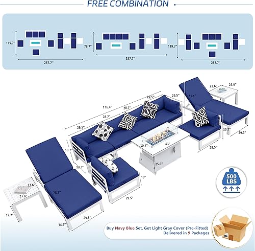 Miniatura 579 de NICESOUL 7 Piece White Powder-Coated Aluminum Patio Furniture with Fire Pit Table, 29 Inch Extra Wide Outdoor Sectional Sofa for 6, High-End Heavy