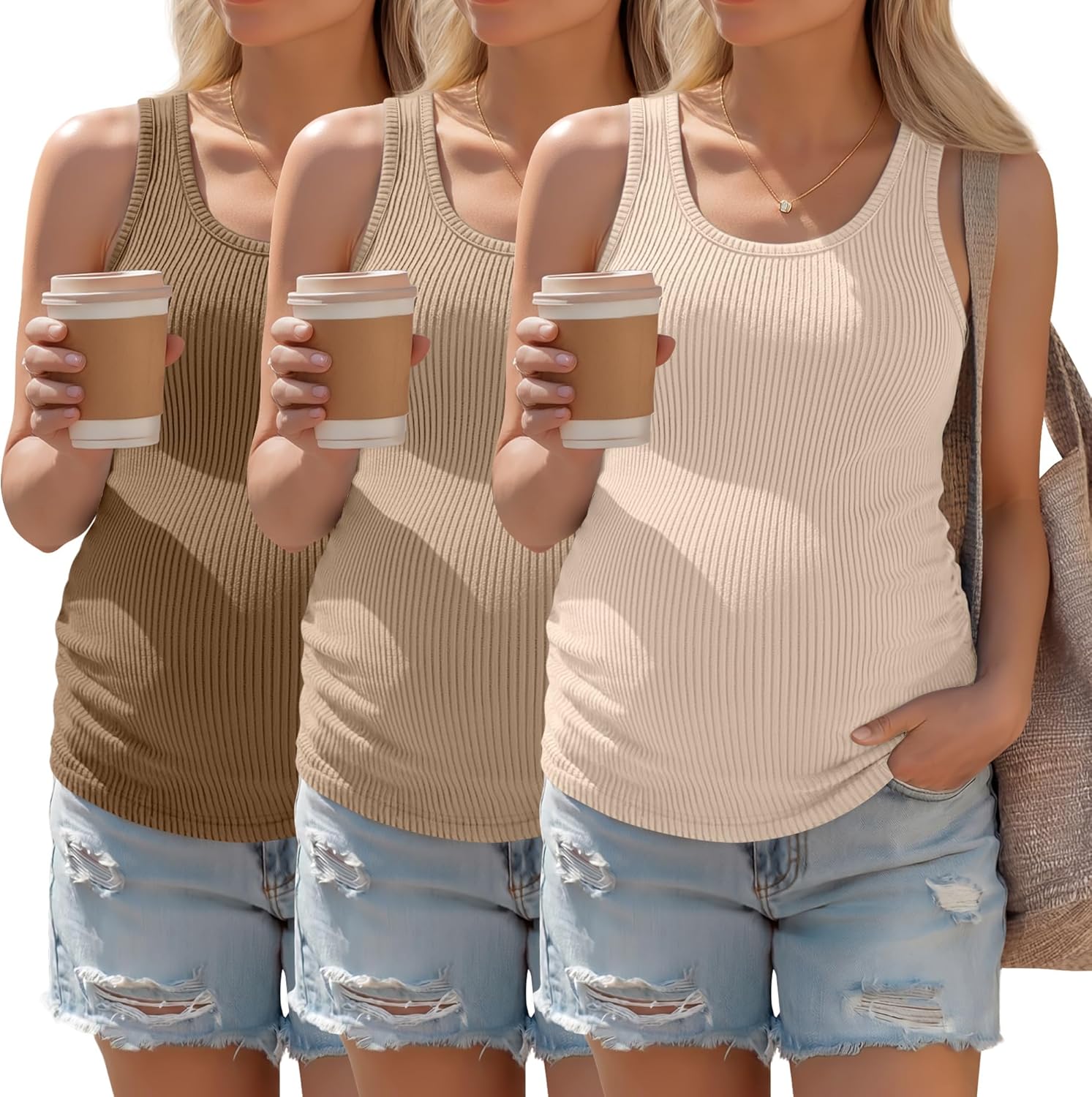 3 Pack Womens Maternity Tank Tops Ribbed Cotton Summer Pregnancy Shirts Sleeveless Racerback Ruched Side Clothes