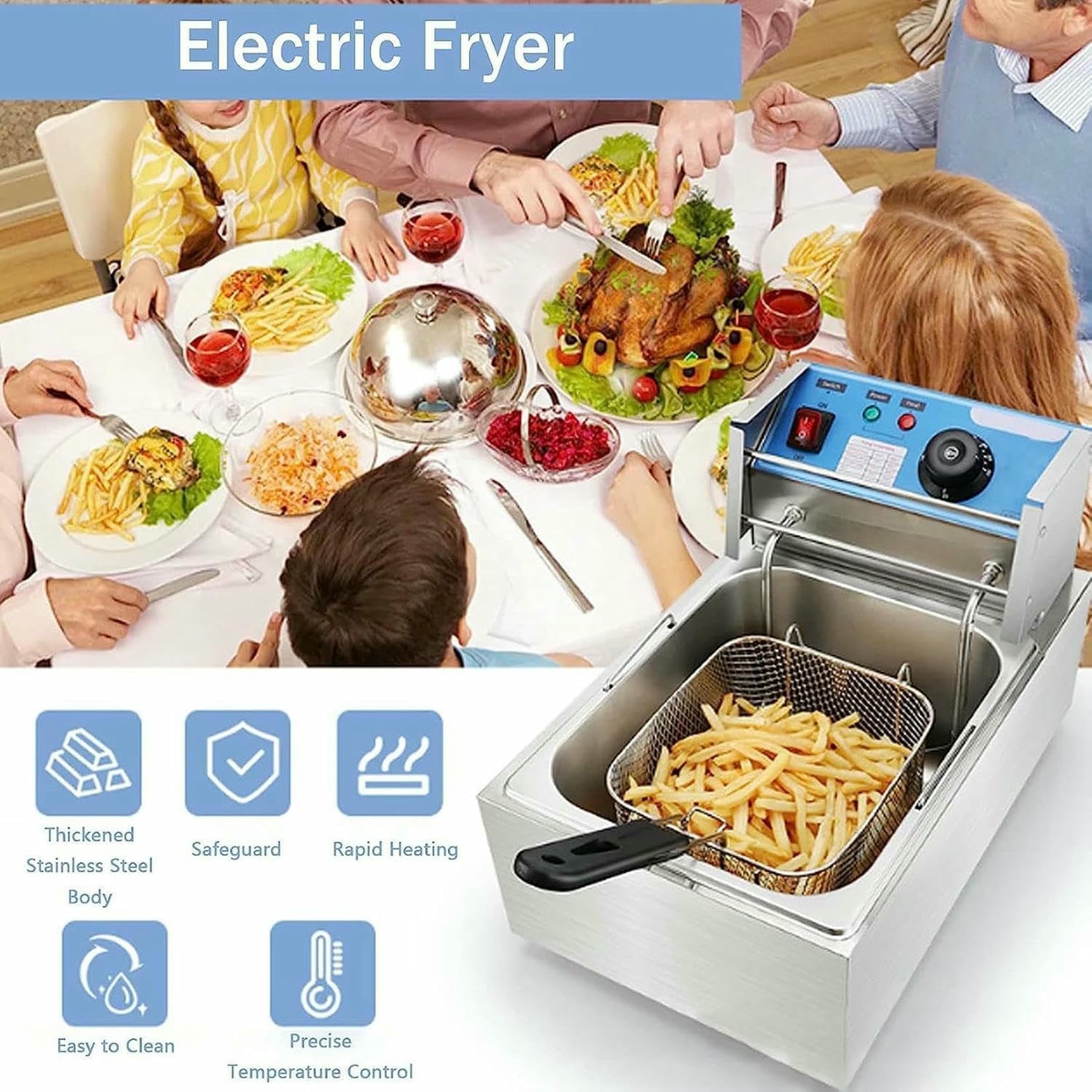 Freidora de Aceite eléctrica Comercial de Acero Inoxidable de 6 litros y 12 litros, con Ajuste de Temperatura e indicador Luminoso y termostato Ajustable