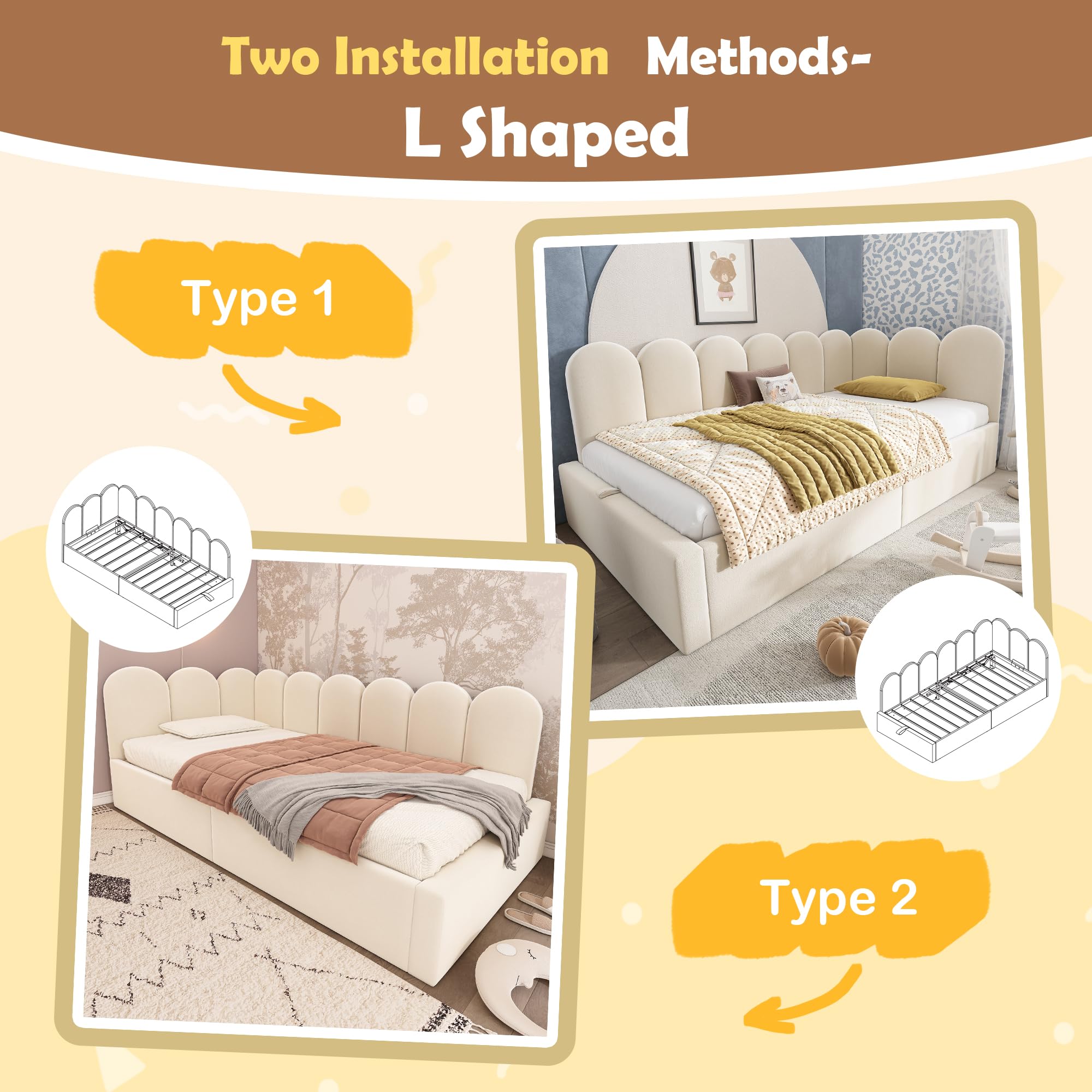 Divano Letto Imbottito 90x200 cm, letto Singolo con Contenitore Idraulico, Struttura del Letto con Rete a doghe in Metallo,Tessuto in Velluto, Testiere Laterali con Posizioni Intercambiabili, Beige