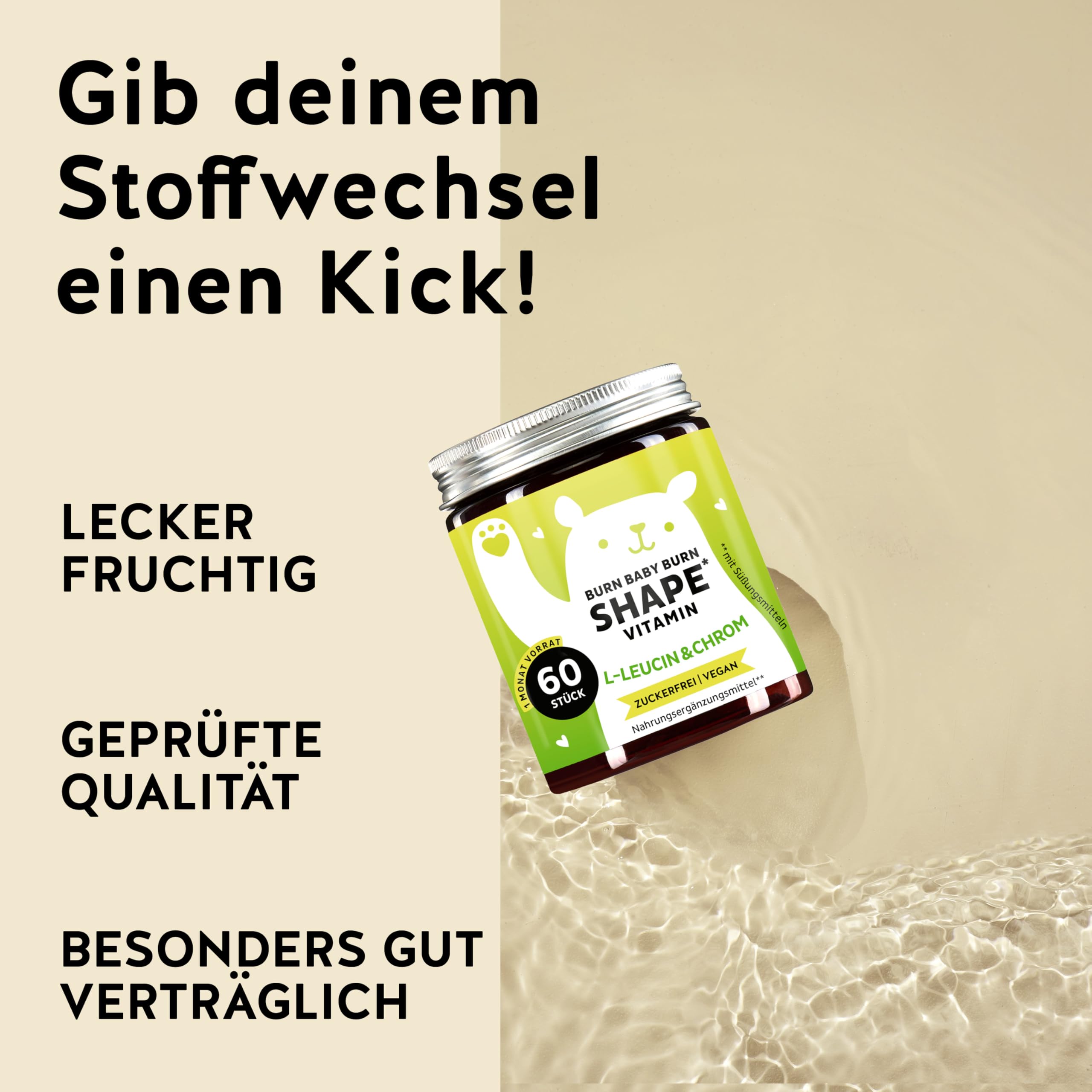 Nährstoff-Komplex Gummies – Burn Baby Burn Shape Gummies mit Chrom, Biotin, Zink, L-Leucin & Grüntee-Extrakt – 60 Stück (1 Monatsversorgung), Vegan, Zuckerfrei, Bears With Benefits