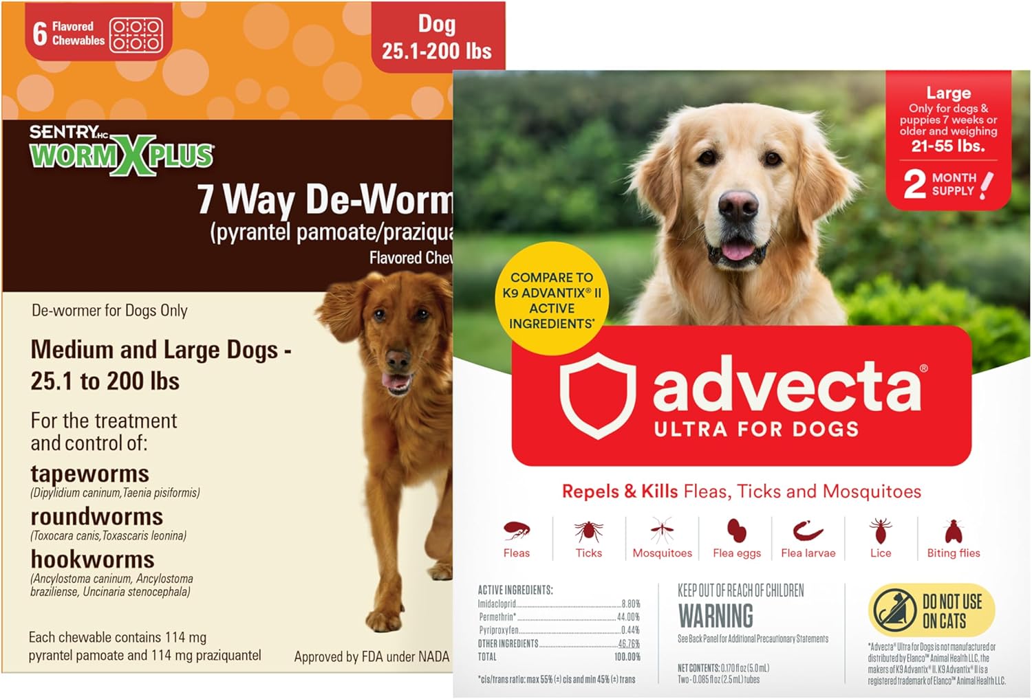 WORM X PLUS 7 Way DeWormer for Large Dogs Over 25 lbs (6 Count) + ADVECTA Flea and Tick Prevention for Large Dogs 21-55 lbs (2 Count) Bundle