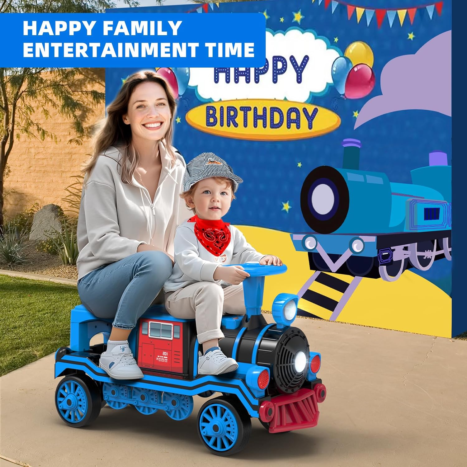 MINIATURE MOTORS 2-Seater Ride On Train, 12V Kids Electric Car with Choo-Choo Train Whistles, Bluetooth USB Music, 2 Speeds, Headlights, Anti-Rollover Device for Pretend Play Gift Kids Aged 3+ (Blue)