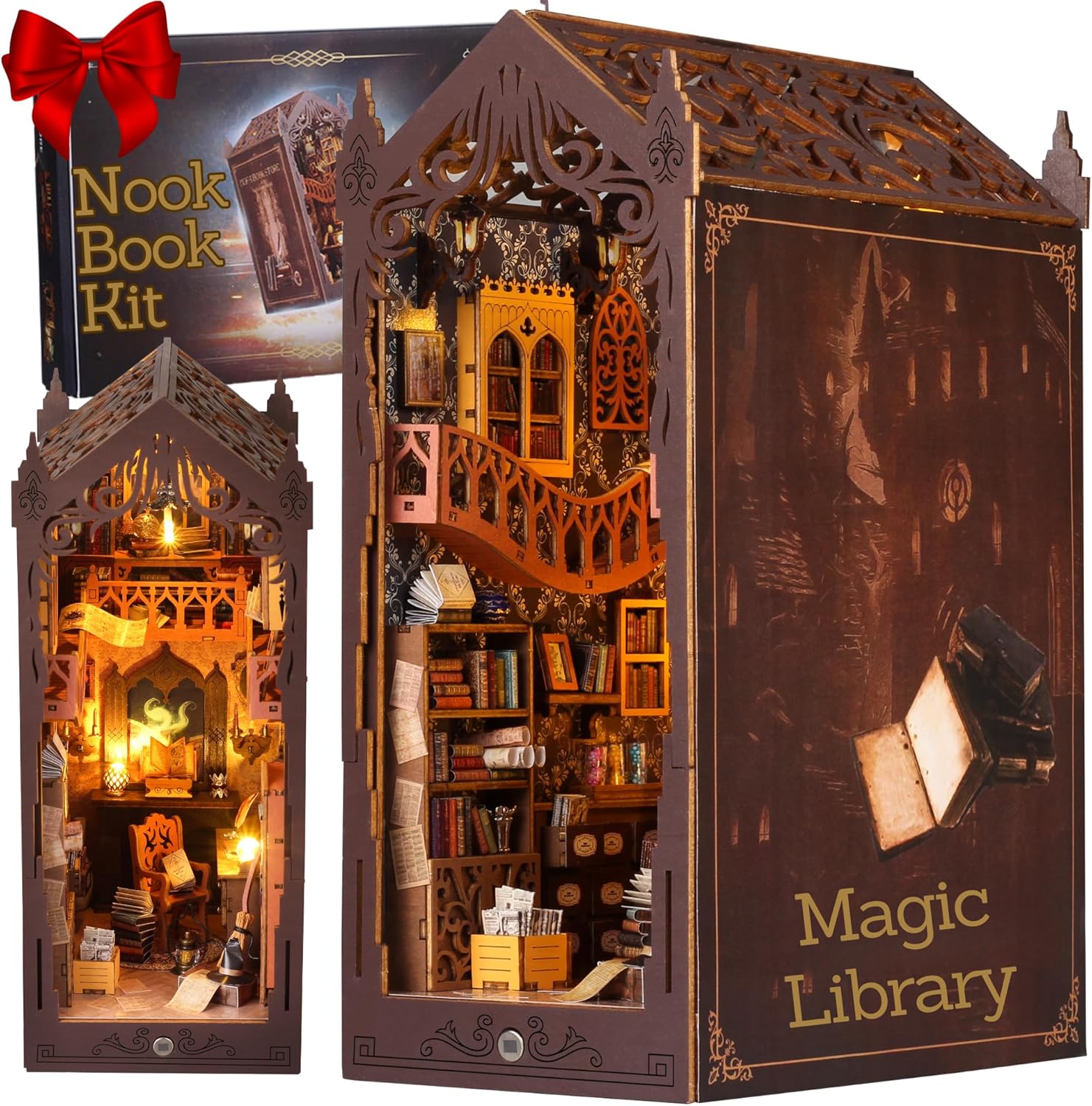 Book Nook Kit – Library Theme DIY Booknook with LED Lights | Book Nook Kits for Adults, Teens | Beginner-Friendly Nook Book for Home Décor | Perfect Booknook DIY Kit Gift