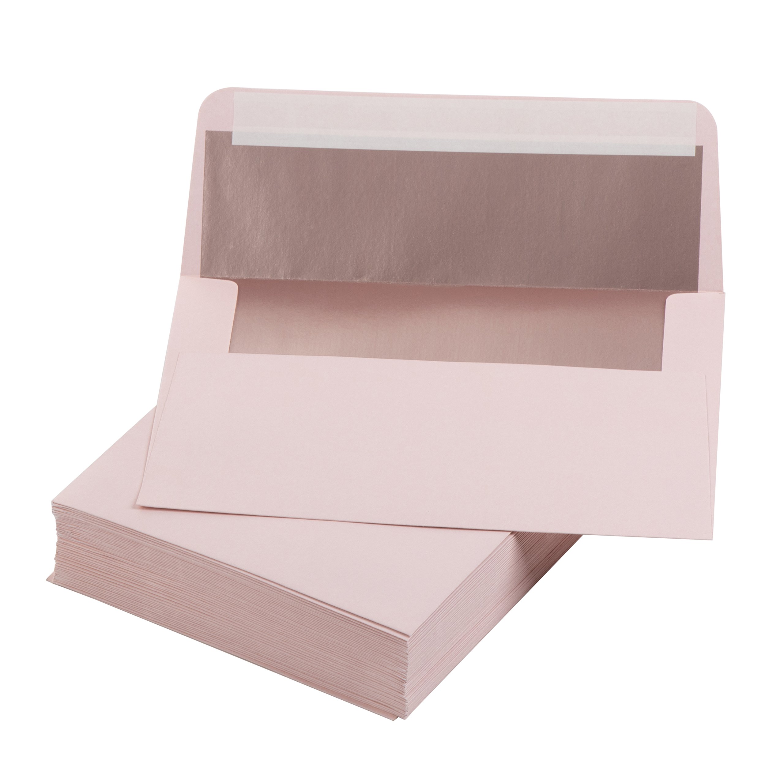 50 Pack Pink A7 Envelopes, 5x7 Size for Mailing Wedding Invitations, Announcements, Bridal Shower, Greeting Cards, Thank You Notes, Rose Gold Foil Lining, Peel & Stick Seal
