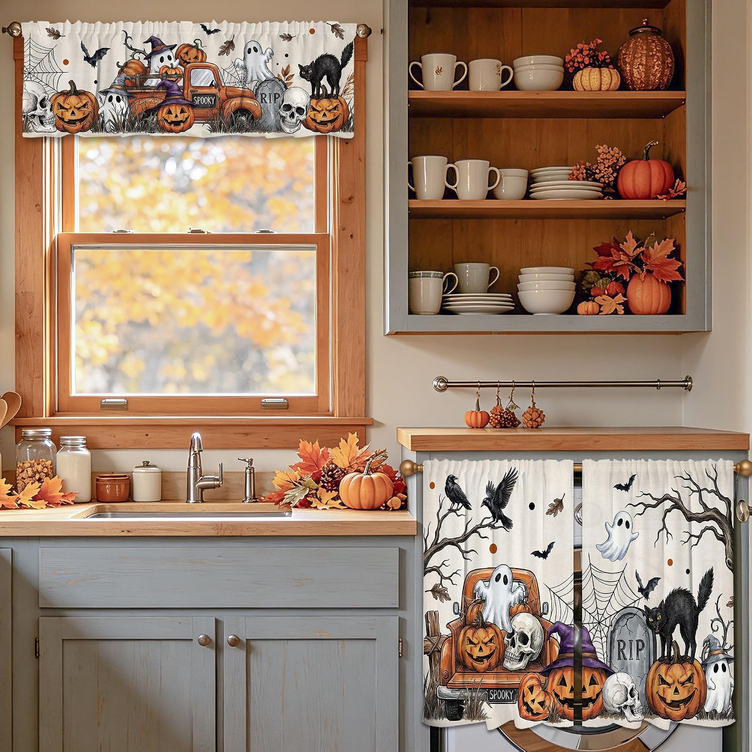 Halloween Kitchen Curtains and Valances Set 3 PCS for Window