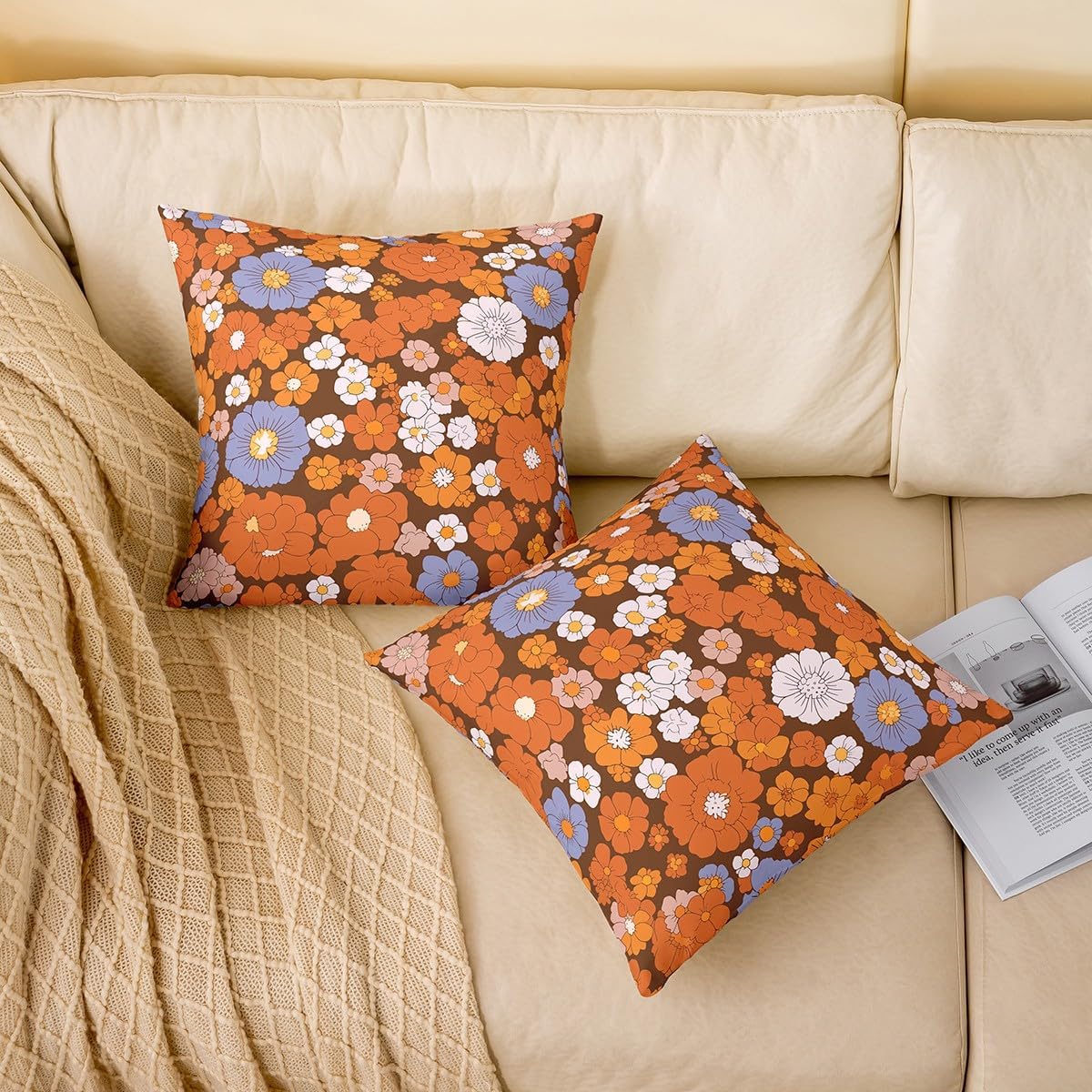 Set of 2 70S Groovy Flowers Boho Throw Pillow Covers 22x22 Hippie Vintage Floral Cushion Cases Retro Sunflowers Dahlias Cushion Covers for Girls Teen Women,Psychedelic Aesthetic Pillow Covers Colorful