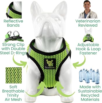 EcoBark Step in Dog Harness, Reflective Soft Padded Mesh Vest, Neon Green