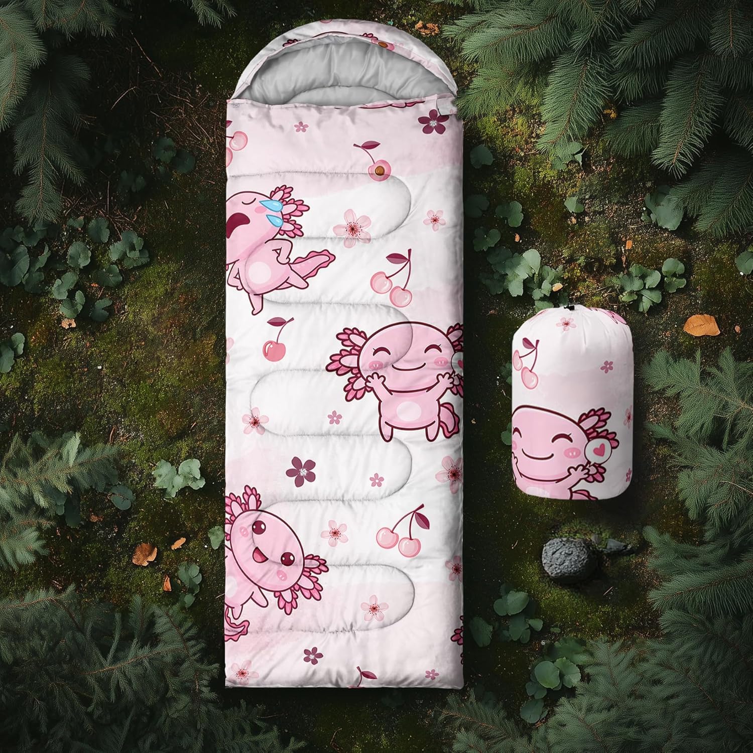 QOOMO Axolotl Cute Camping Sleeping Bags,3 Season Warm & Cool Weather,Lightweight,Waterproof Sleeping Bags for Adults & Kids,Traveling,and Outdoors
