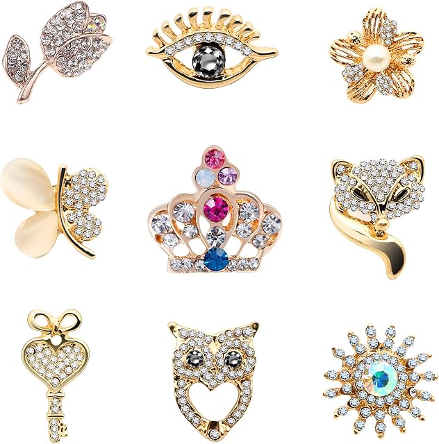 KENYG 9 PCS Pack Crystal Flowers Crown Eye Stinger Brooches Pins for Clothing Collar Bags Accessories