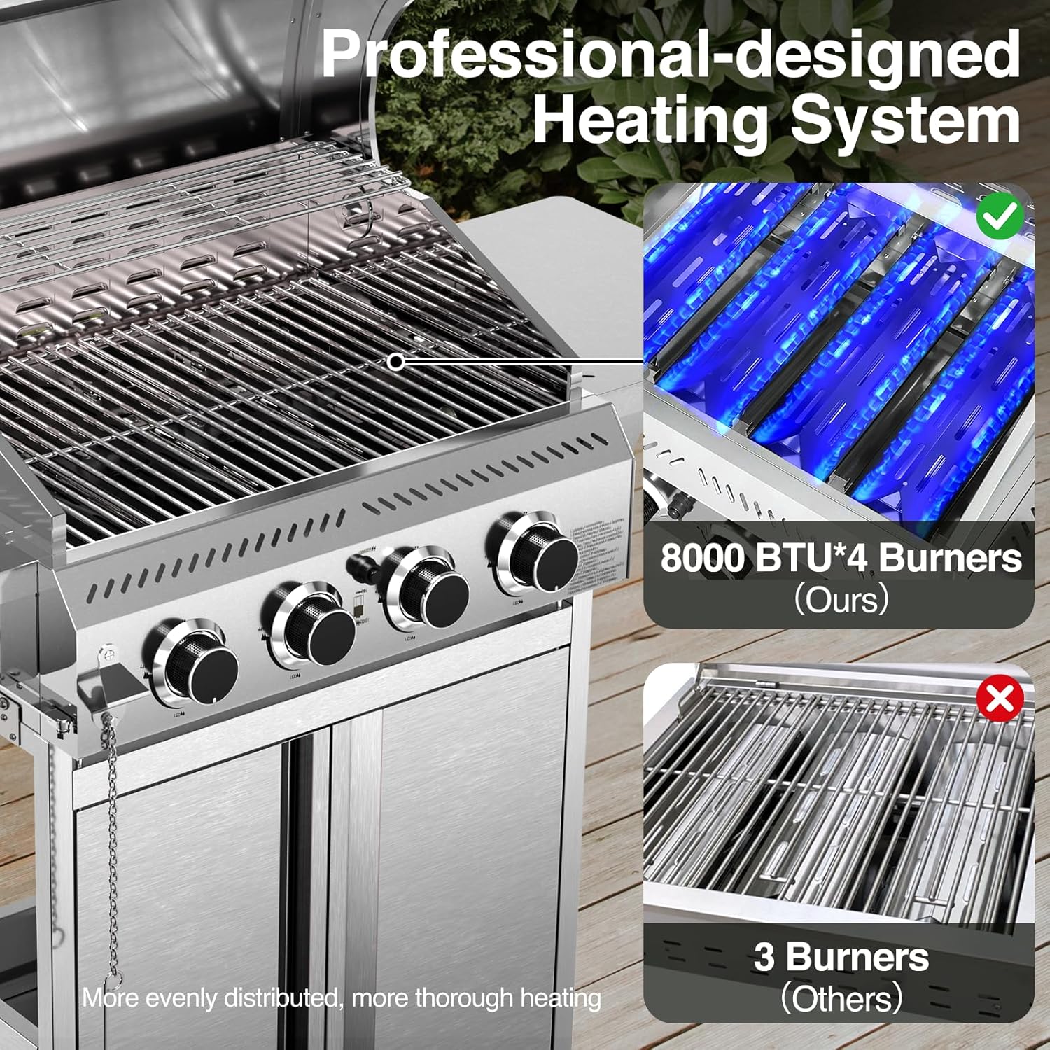 Grill heating system with 4 burners