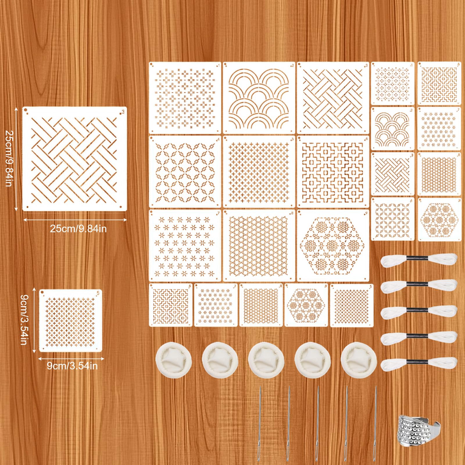 34 Kit di Stencil Sashiko in Plastica, Modelli per Ricamo 9Stili di Stabilizzatori per Ricamo Geometrico Motivo 5 Aghi da Ricamo 5 fasci di Corde Intrecciate 5 Copridita in Gomma e 1 Anello per Dito