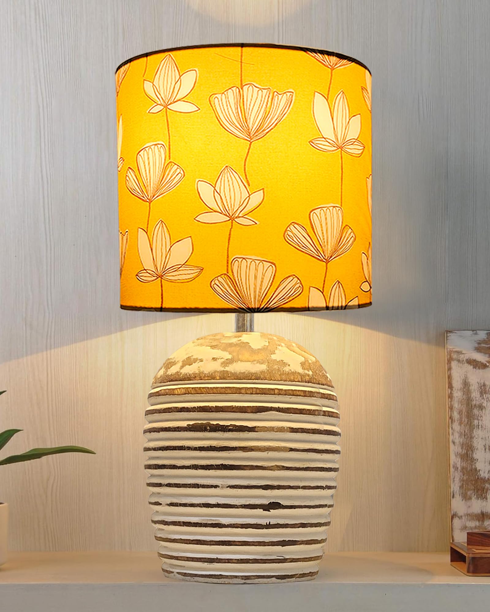 Modern Table Lamp, Wooden Base Modern Fabric Lampshade for Home Office Cafe Restaurant, Ribbed Basket,(Hibiscus) (B0CQYVCQBP) Amazon Price History, Amazon Price Tracker
