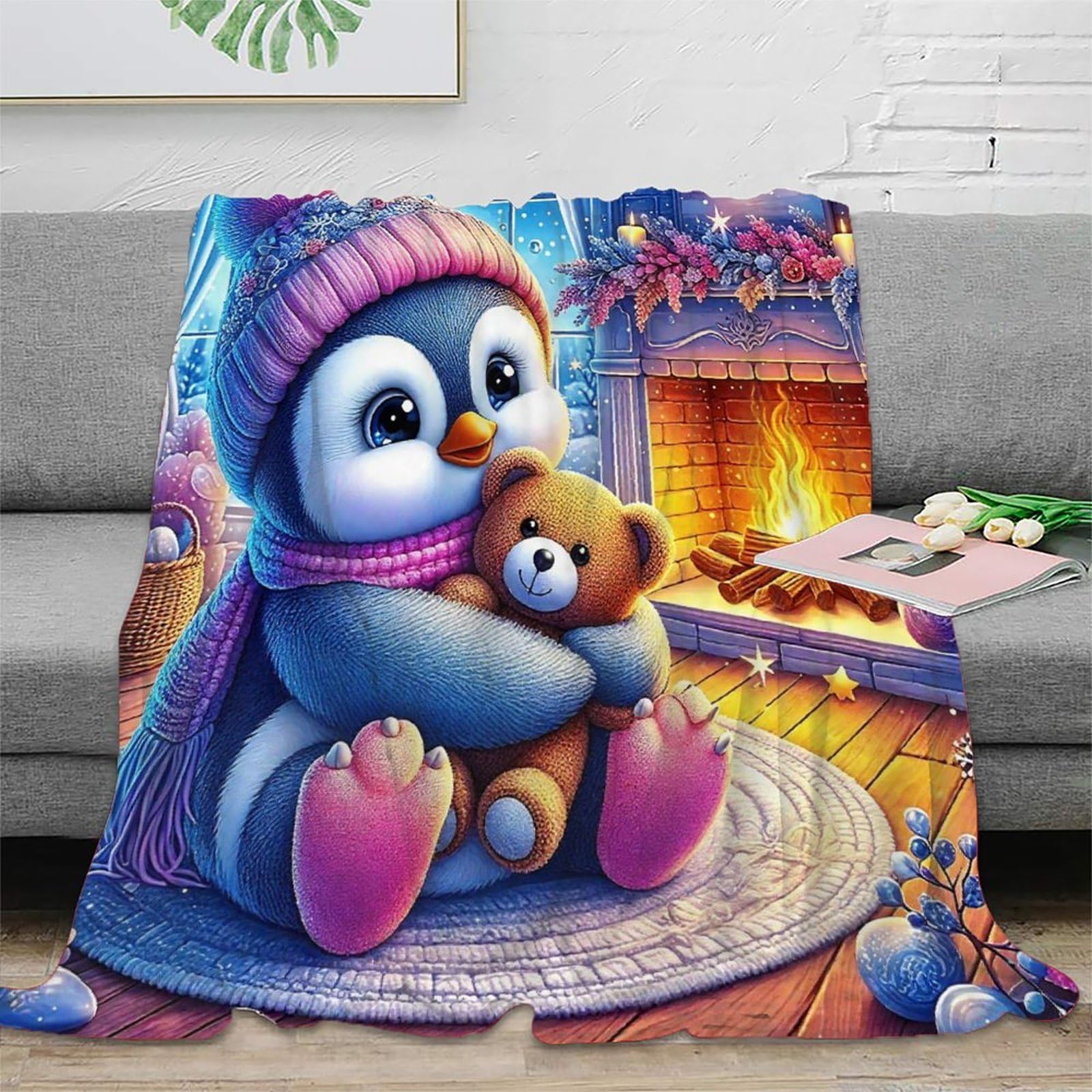 Couverture pingouin en microfibre imprimée 3D plaid lit de 127x152 cm pour adulte