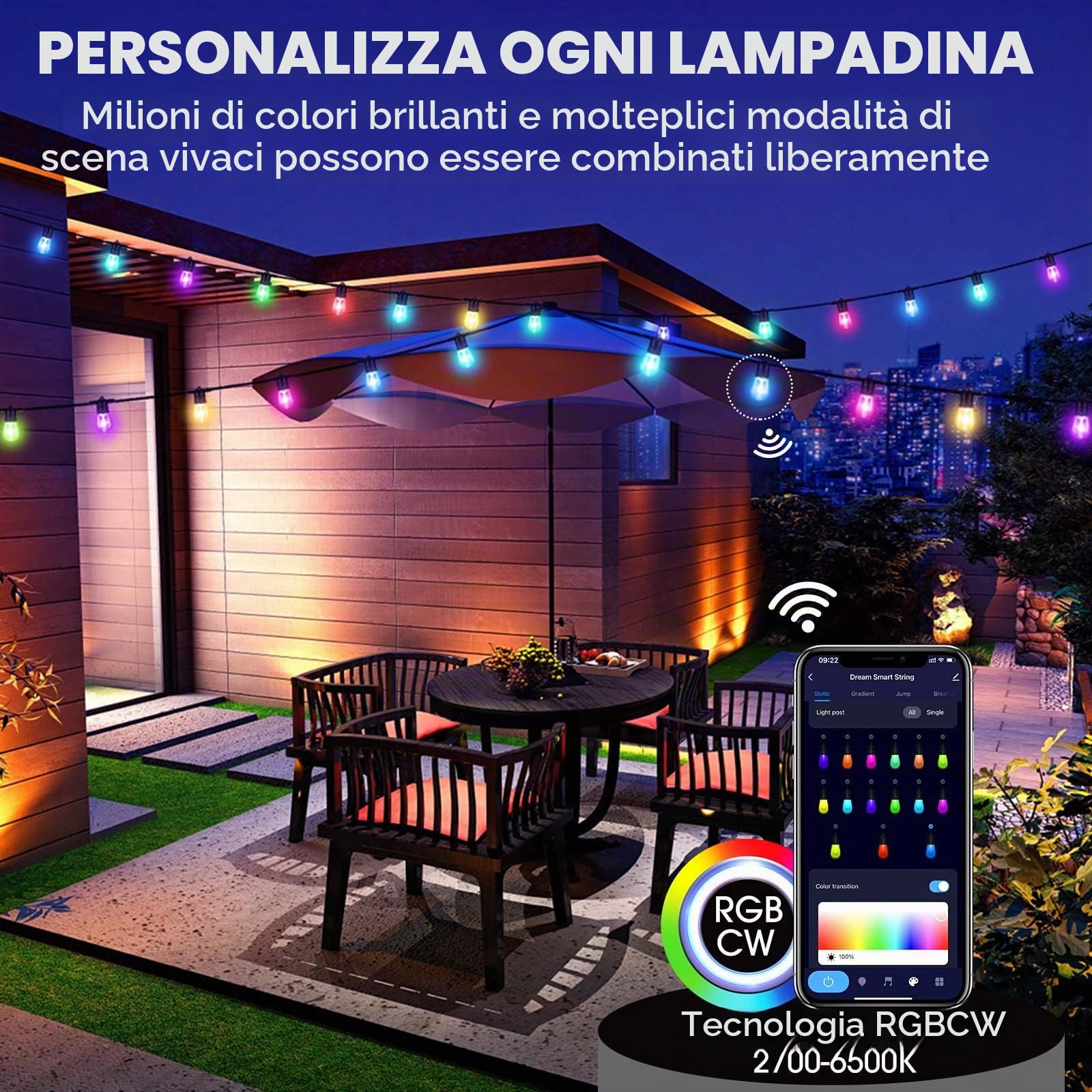 Catena Luminosa Esterno, 30M Smart RGB Lampadine Luci Stringa Controllo Remoto/APP con Alexa, IP65 Impermeabile, Sincronizzazione della Musica per Giardino Natale Matrimonio