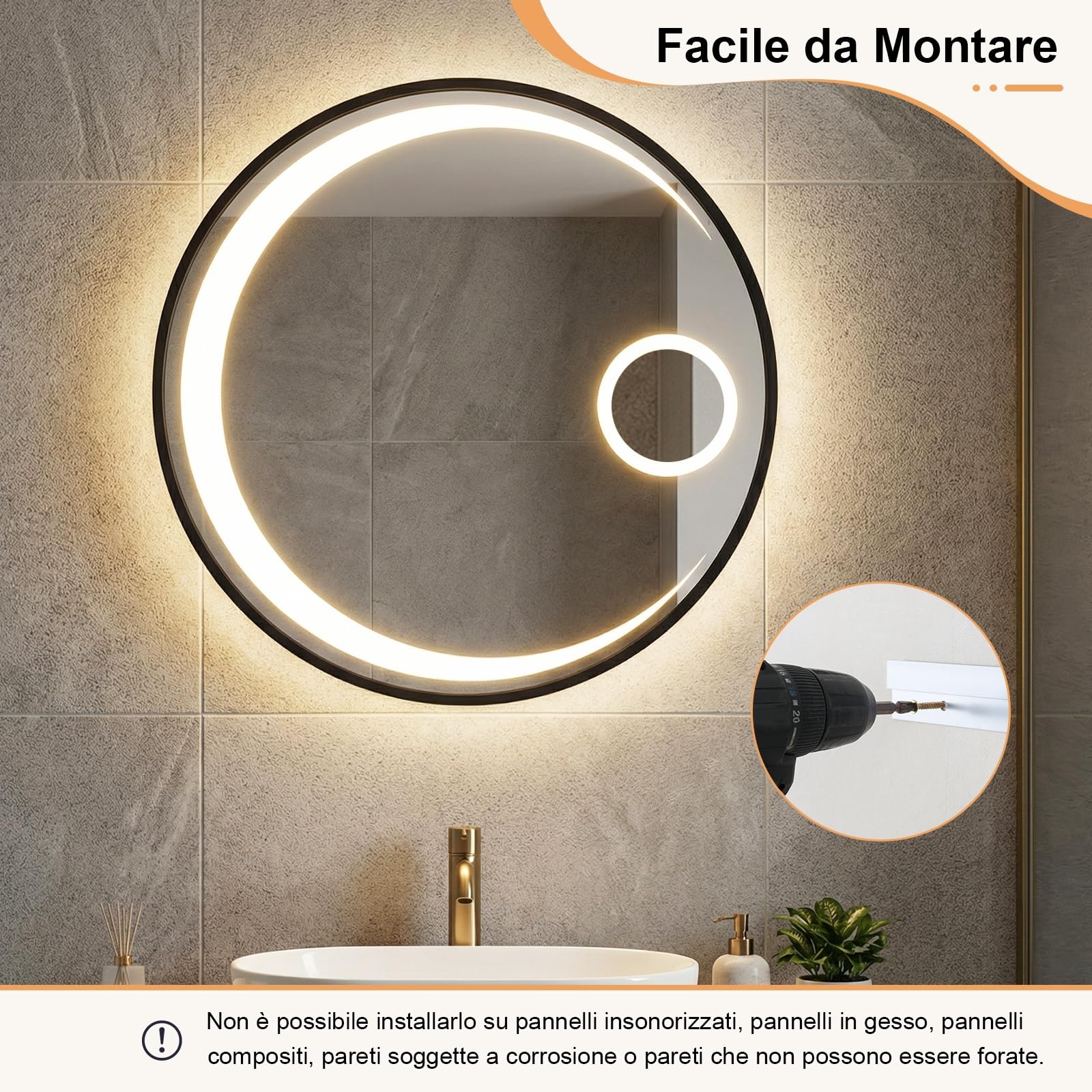 COSTWAY Specchio Bagno con Luce LED da 61 cm, Specchio Rotondo da Parete con Lente d'Ingrandimento 3X, Antiappannamento, 3 Colori Luce, 3000K-6500K, Luminosità Regolabile, IP44