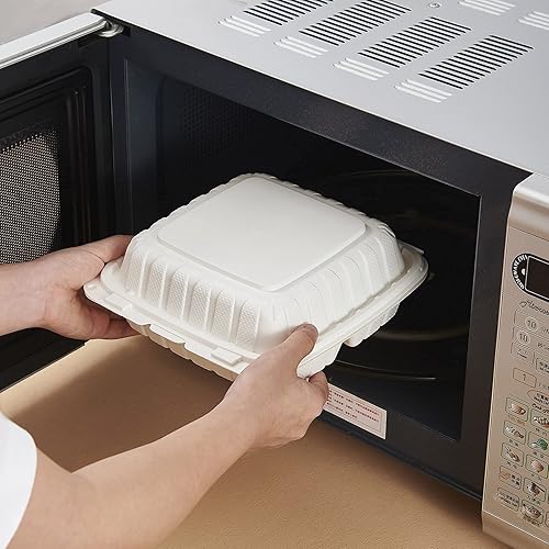 Miniatura 51 de Paquete de 50 bandejas de plástico de 8 x 8 pulgadas, 3 compartimentos, bandejas de comida para llevar, caja desechable Togo resistente para pasta