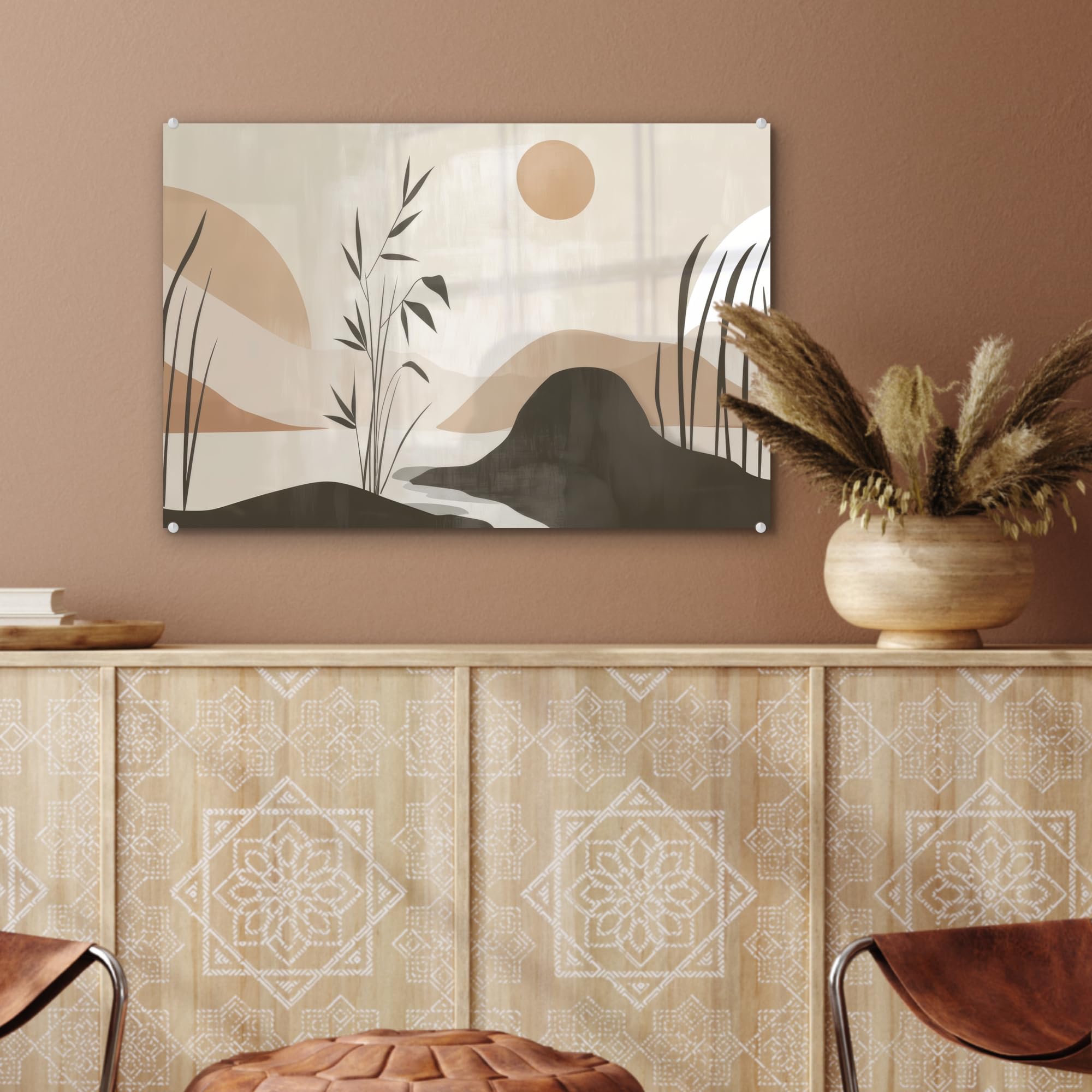 MuchoWow© Cuadro Impreso en Vidrio 60x40 cm Salón Moderno Dormitorio Imagen Elegante Decorativo Living Interior Regalo Japandi - Paisaje - Beige