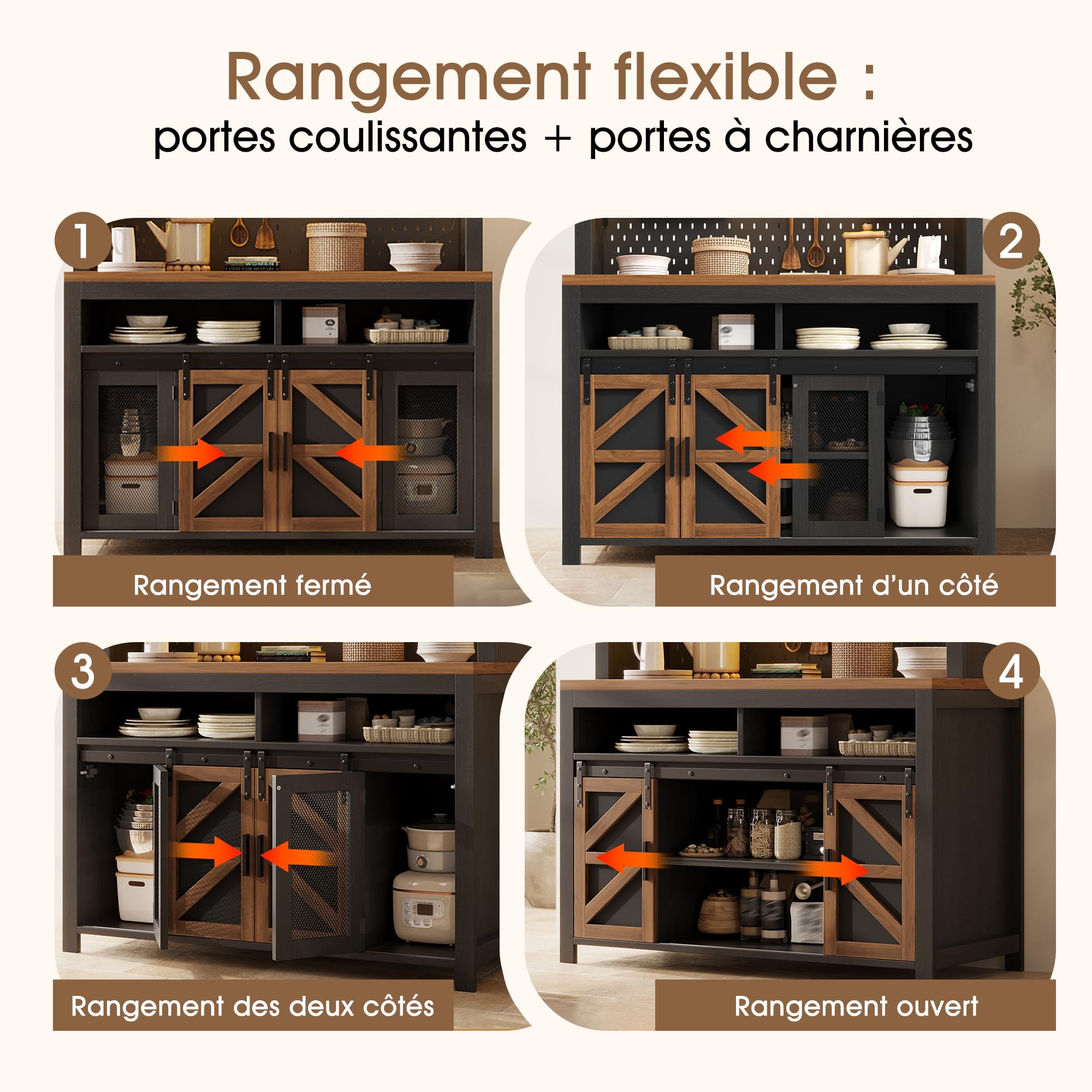 Buffet de Cuisine Haut 174,5 cm avec Plan de Travail, LED RGB, USB et Prise Intégrée, Panneau Perforé, Portes Coulissantes et Rangements Multifonctions, Noir-1