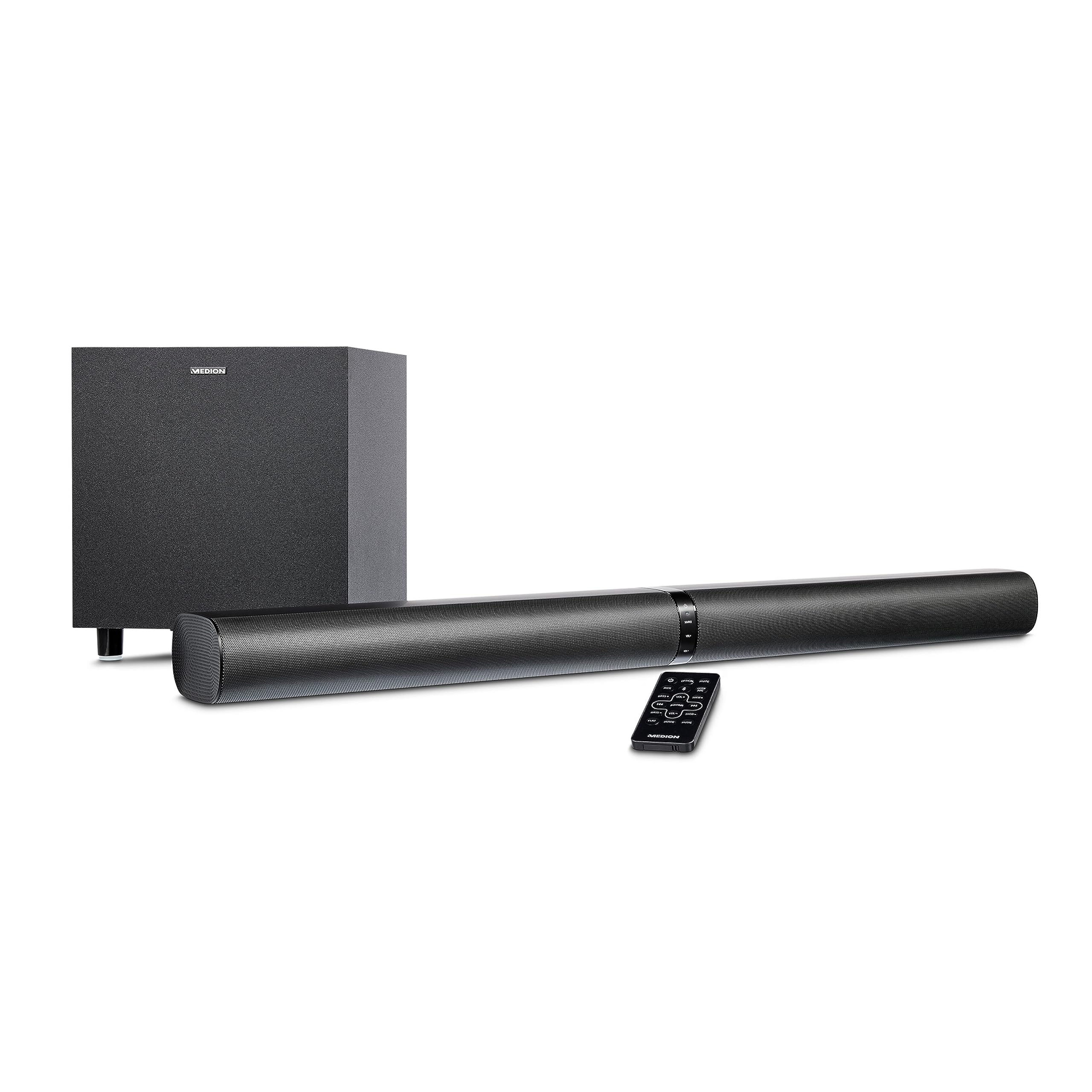MEDION P64150 2 w 1 Convertible Bluetooth Soundbar TV z subwooferem radiowym (soundbar 2.1, 2 x 30 W, subwoofer, 60 W, montaż ścienny, HDMI ARC z CEC, AUX, wejście optyczne)