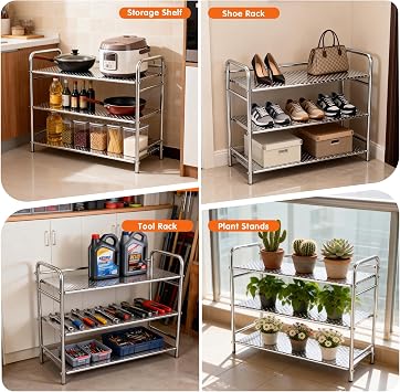 Metal Shoe Rack for Closet Floor - 3 Tier Heavy Duty Shoes Rack for Garage Free Standing Shoe Storage Organizer Shelf for Entryway - Stainless Steel Sturdy Shoerack for Outdoor Mudroom
