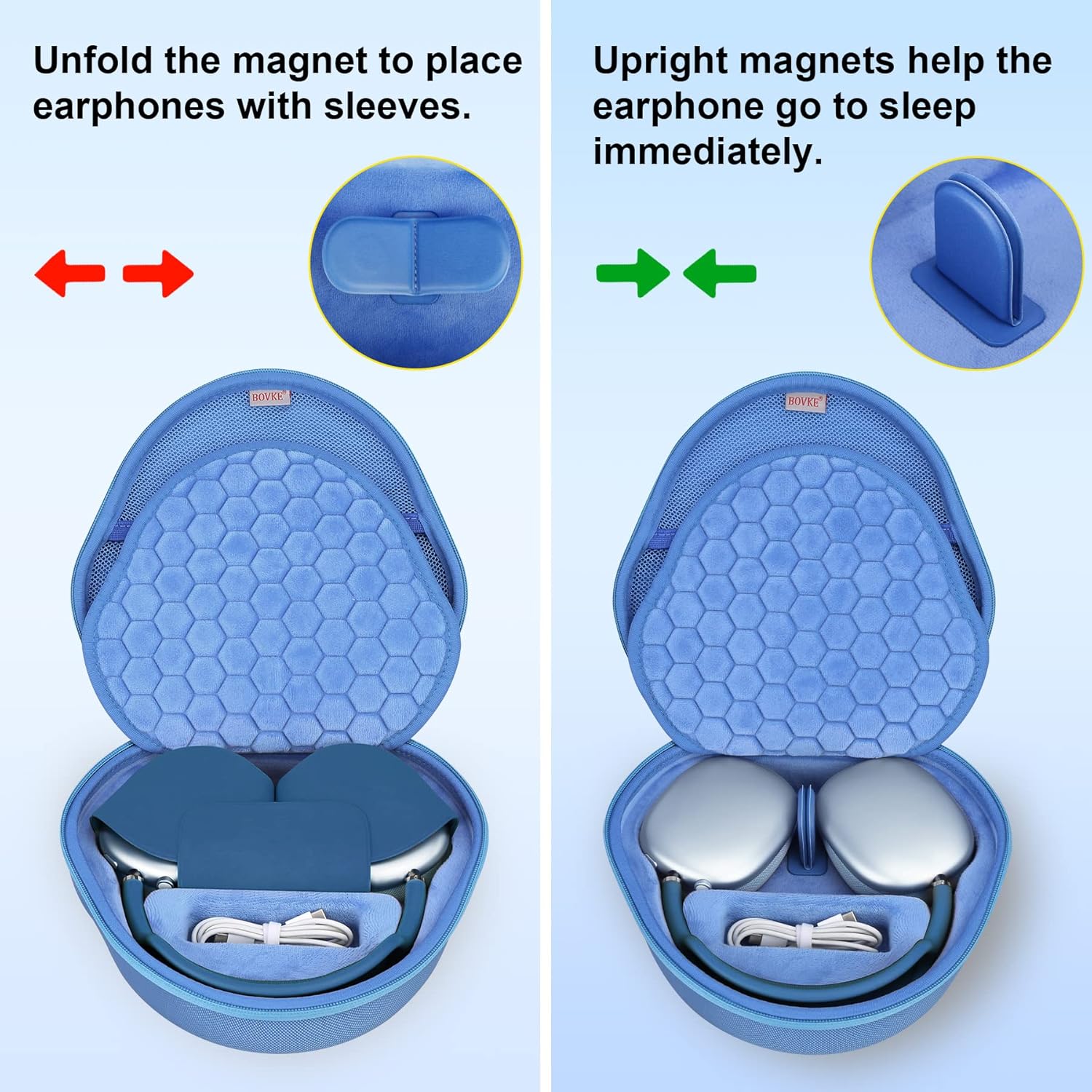 BOVKE Hard Carrying Case with Sleep Mode for Apple AirPods Max Wireless Over-Ear Headphones, AirPods Max Protective Portable Storage Bag with Mesh Pocket for Headphone Accessories, Blue