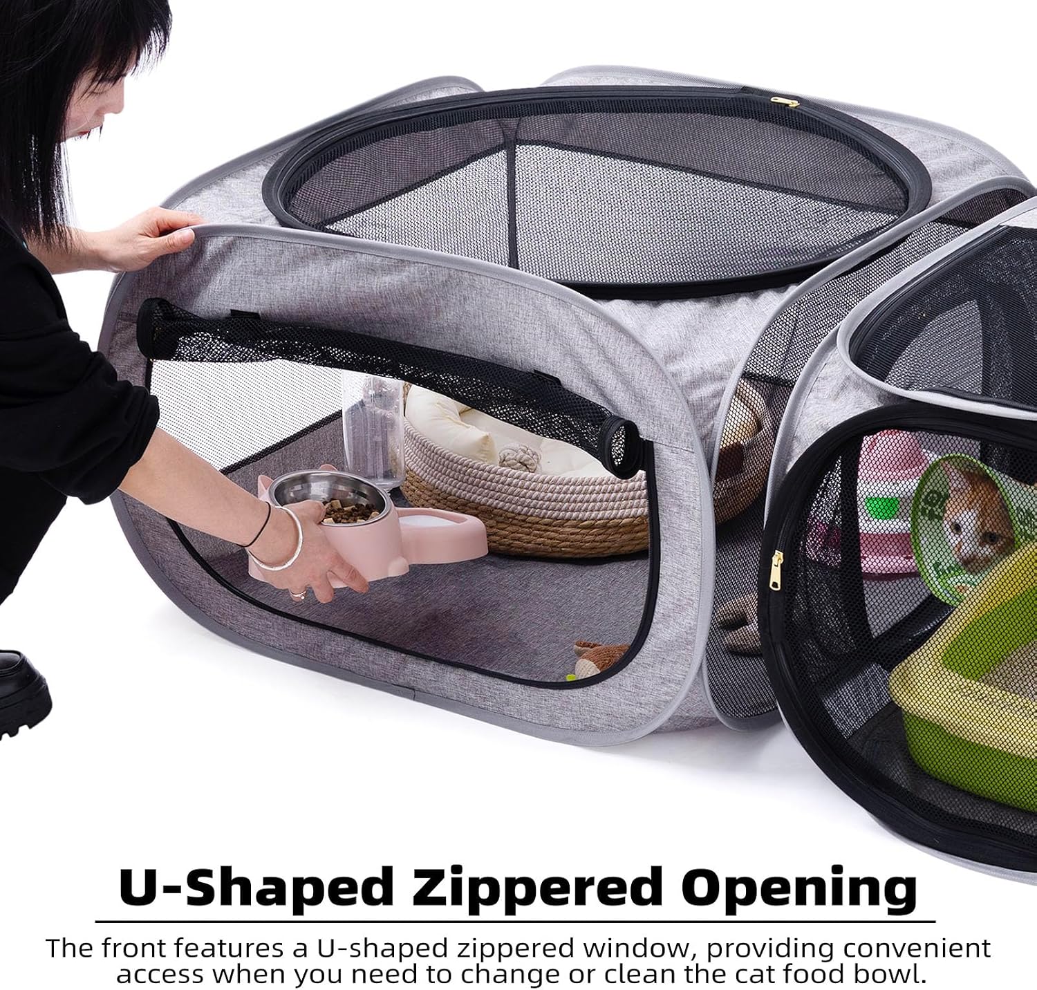 NAFU Portable Cat Playpen with Litter Box Compartment, Foldable Pet Tent for Indoor and Outdoor Use of Kitten and Puppy, Dog Play Enclosure, Cat Houses & Condos