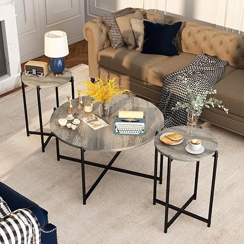 Miniatura 10 de Lamerge Juego de 3 mesas auxiliares, moderna parte superior de mármol sintético con marco dorado, 1 mesa auxiliar y 2 mesas decorativas, juego de