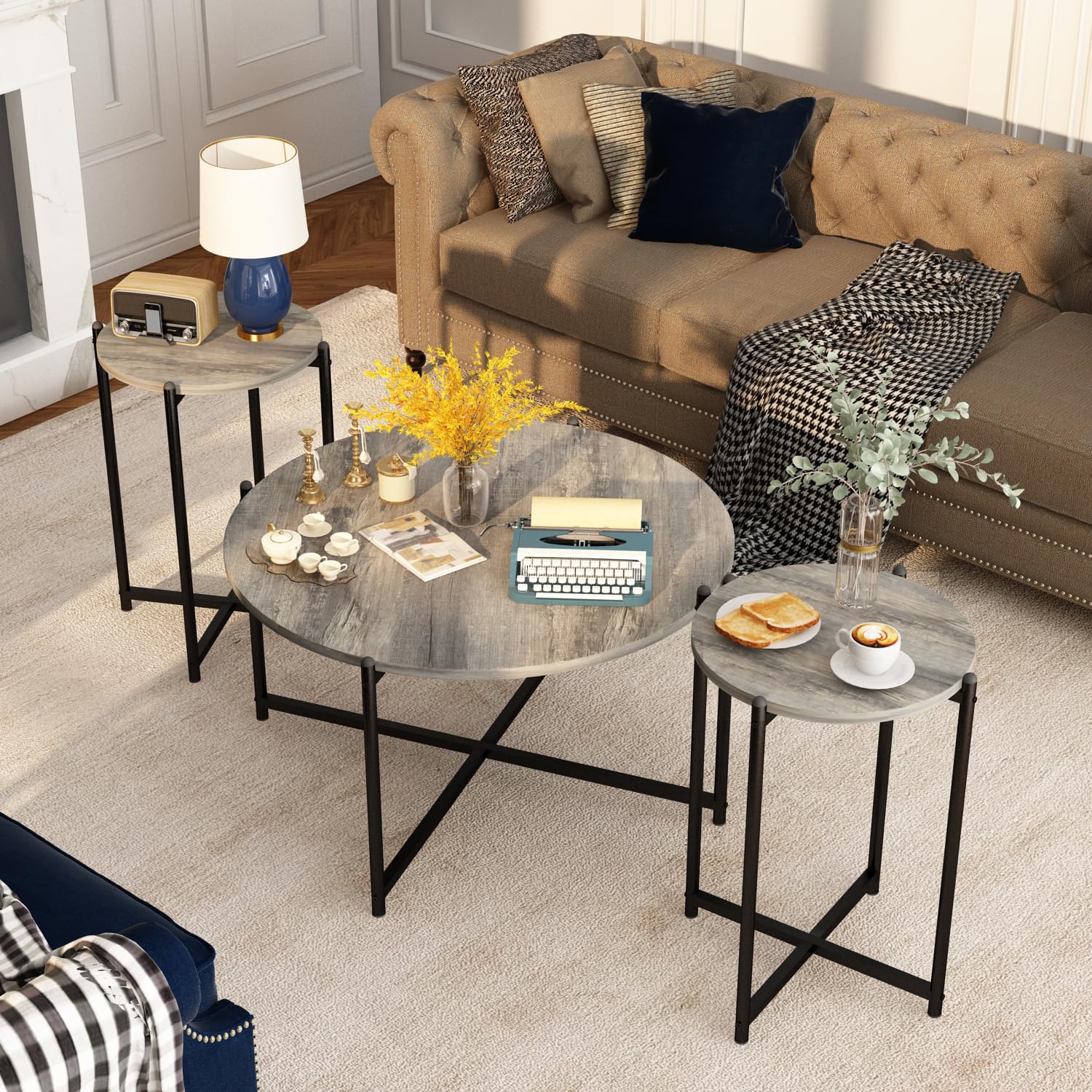 Lamerge Coffee Table Set of 3, Modern Faux Marble Top with Golden Frame, 1 Coffee Table & 2 Accent Table, Living Room Table Set, for Apartment, Office