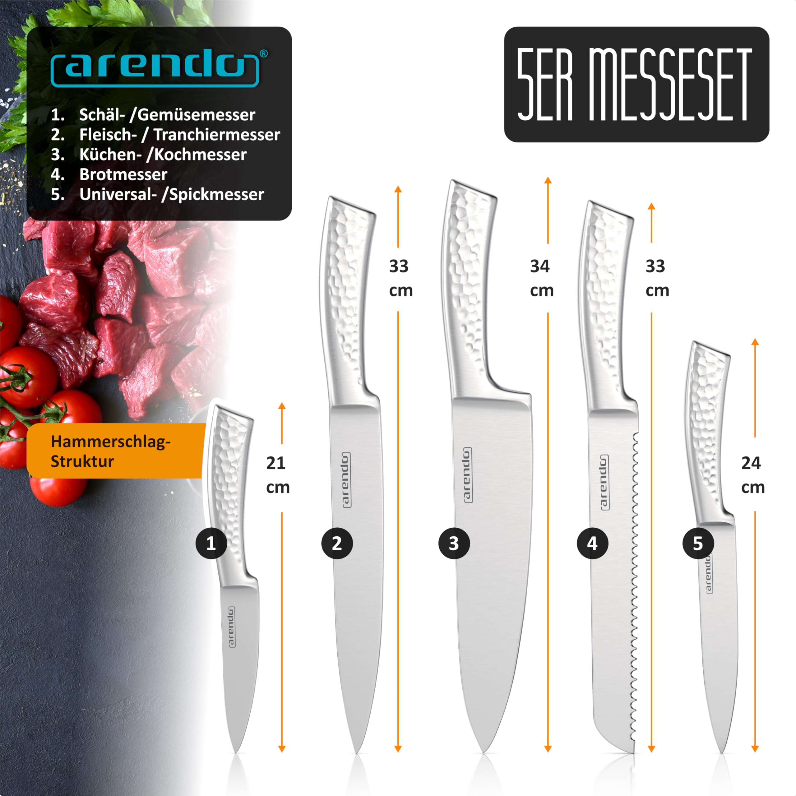Arendo - Messerblock mit Messern - 5 teilig Messerset - Kochmesser, Tranchiermesser Brotmesser Universalmesser Schälmesser – präzisionsgeschliffene Klingen aus Edelstahl - Küchenmesser Set