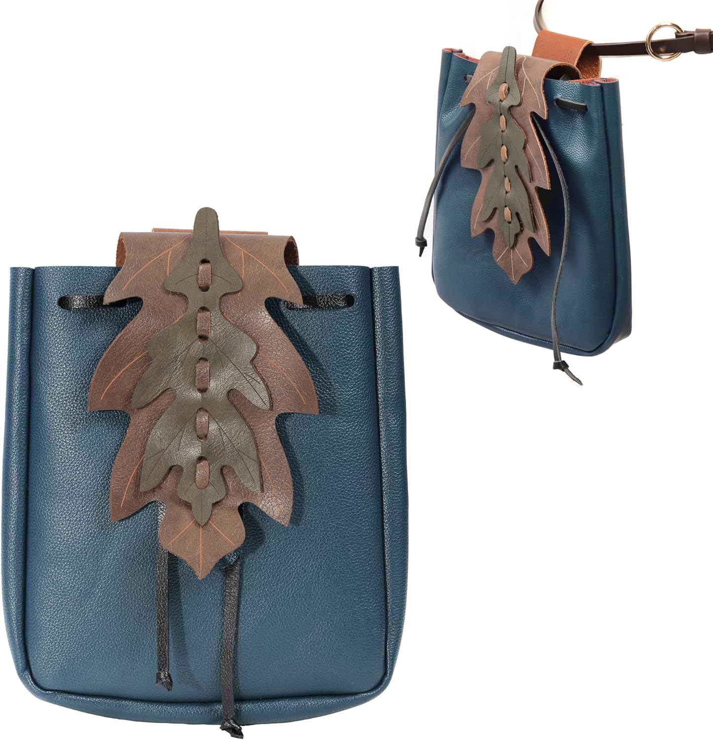 PROCOS Renaissance Belt Pouch Coins Purse Drawstring PU Leather Leaf Medieval Waist Bag for LARP Ren Faire