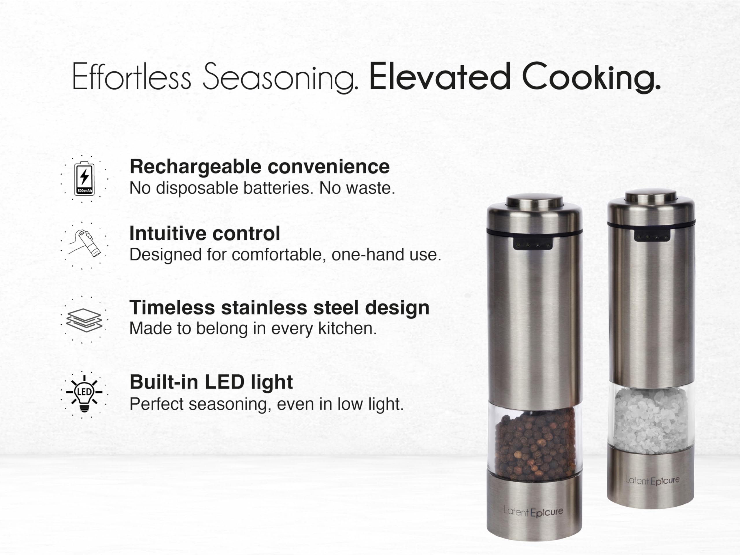 Latent Epicure Electric Salt and Pepper Grinder Set, USB-C Rechargeable Stainless Steel Mills with LED Light, Adjustable Ceramic Grinders and Acrylic Mill Rest Tray in use