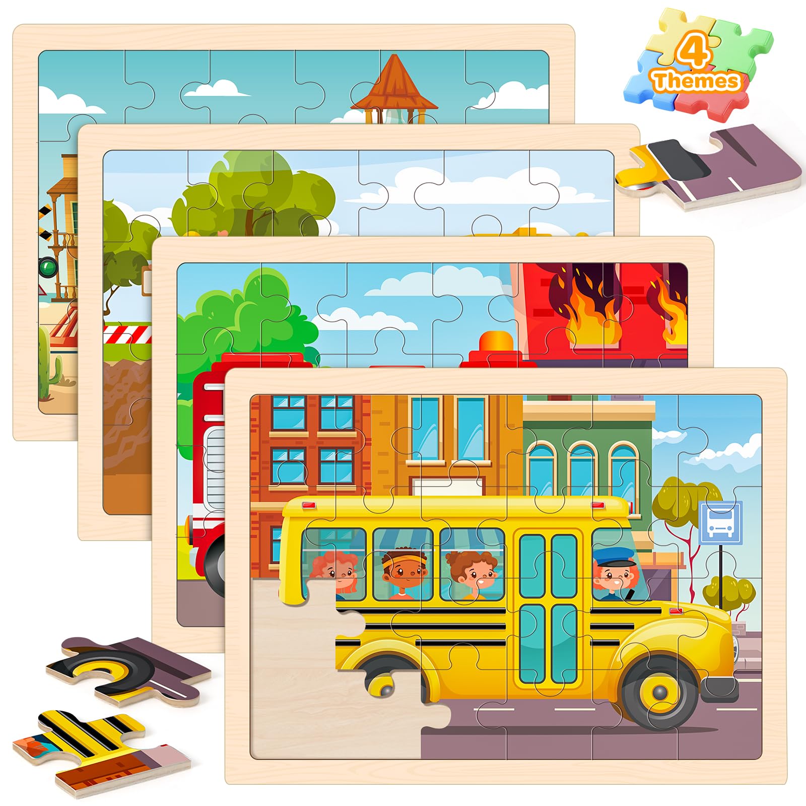 Puzzles für Kinder von 4 bis 6 Jahren, 4 Packungen mit 24 Holzpuzzles für Kinder von 2 bis 4 Jahren, Vorschulpädagogisches Spielzeug, Spielzeug für Jungen und Mädchen von 3 4 5 6