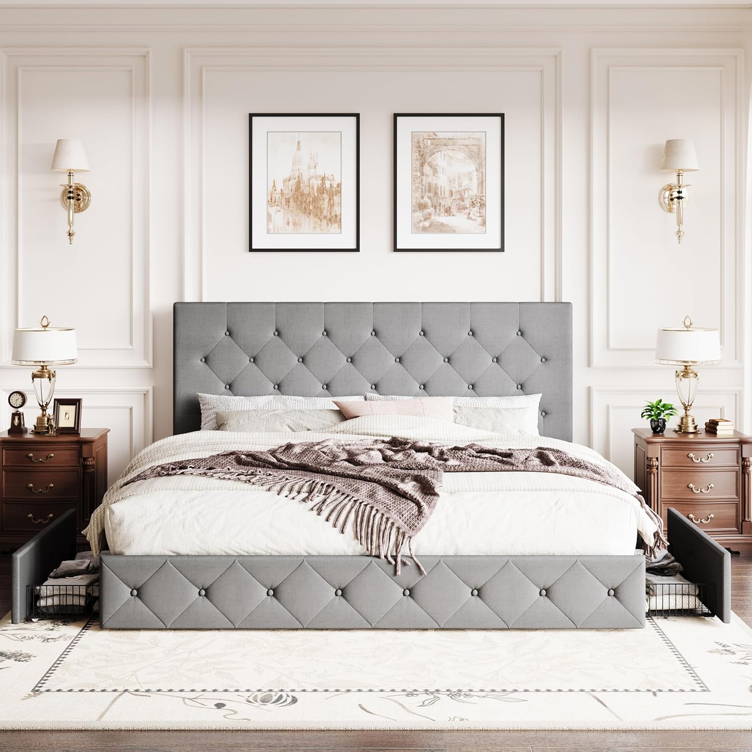 SHA CERLIN Upholstered King Size Platform Bed Frame with 4 Storage Drawers, Adjustable Headboard with Diamond Stitched Button Tufted Design, Wooden Slat Support, No Box Spring Needed, Light Grey