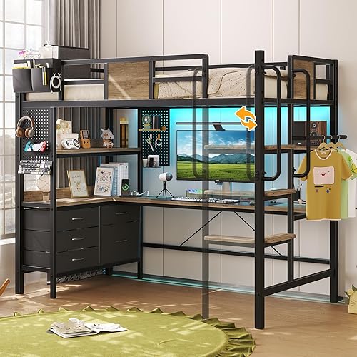 Loft Bed Twin Size with Desk, Loft Bunk Bed with Desk Underneath, RGB LED Lights, and Charging Station, with Drawer Cabinets and Pegboards, Twin Max Load-Bearing Weight 400lbs, Oak Gray