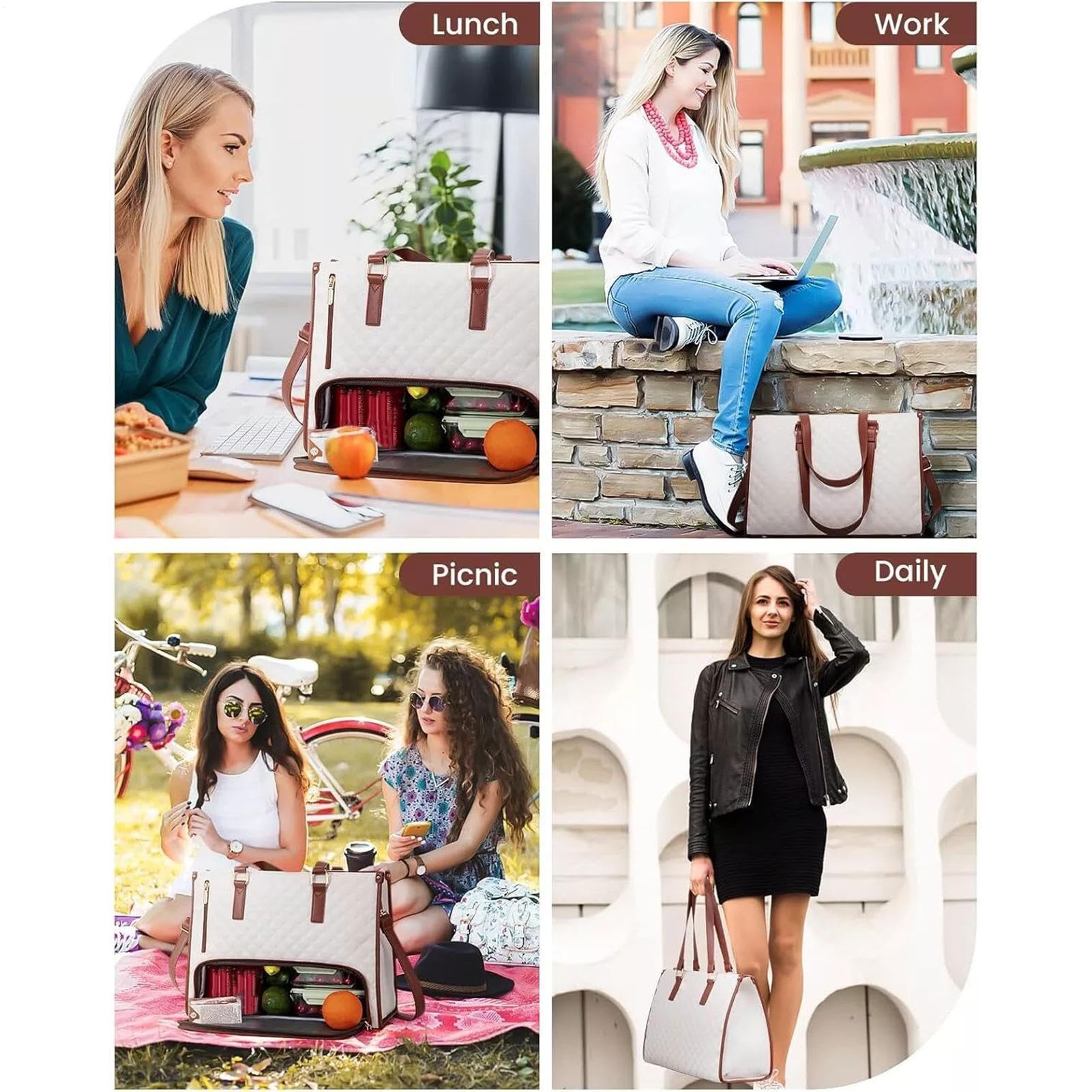 Sac pour ordinateur portable pour femme avec compartiment à déjeuner isotherme, sac à main pour ordinateur portable 15,6", grand sac de travail, sac de travail, sac à bandoulière en cuir, sac à