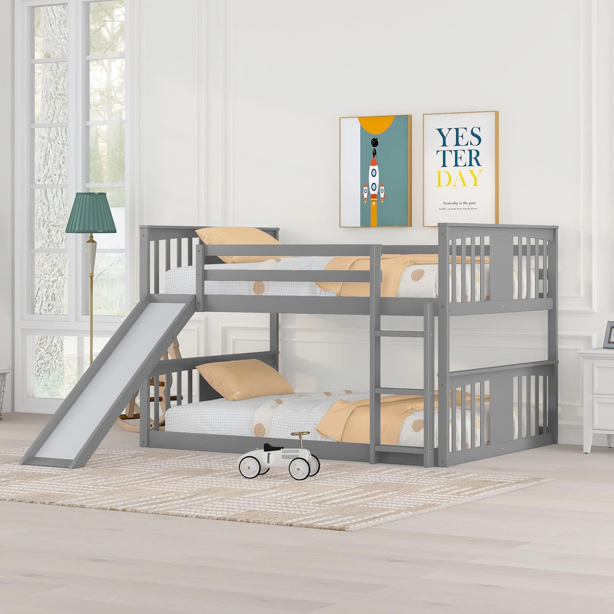 Bellemave Full Bunk Beds with Slide Full Over Full Low Bunk Bed Frame Wood Floor Bunkbed for Boys Girls Teens’ Bedroom Dorm, Grey